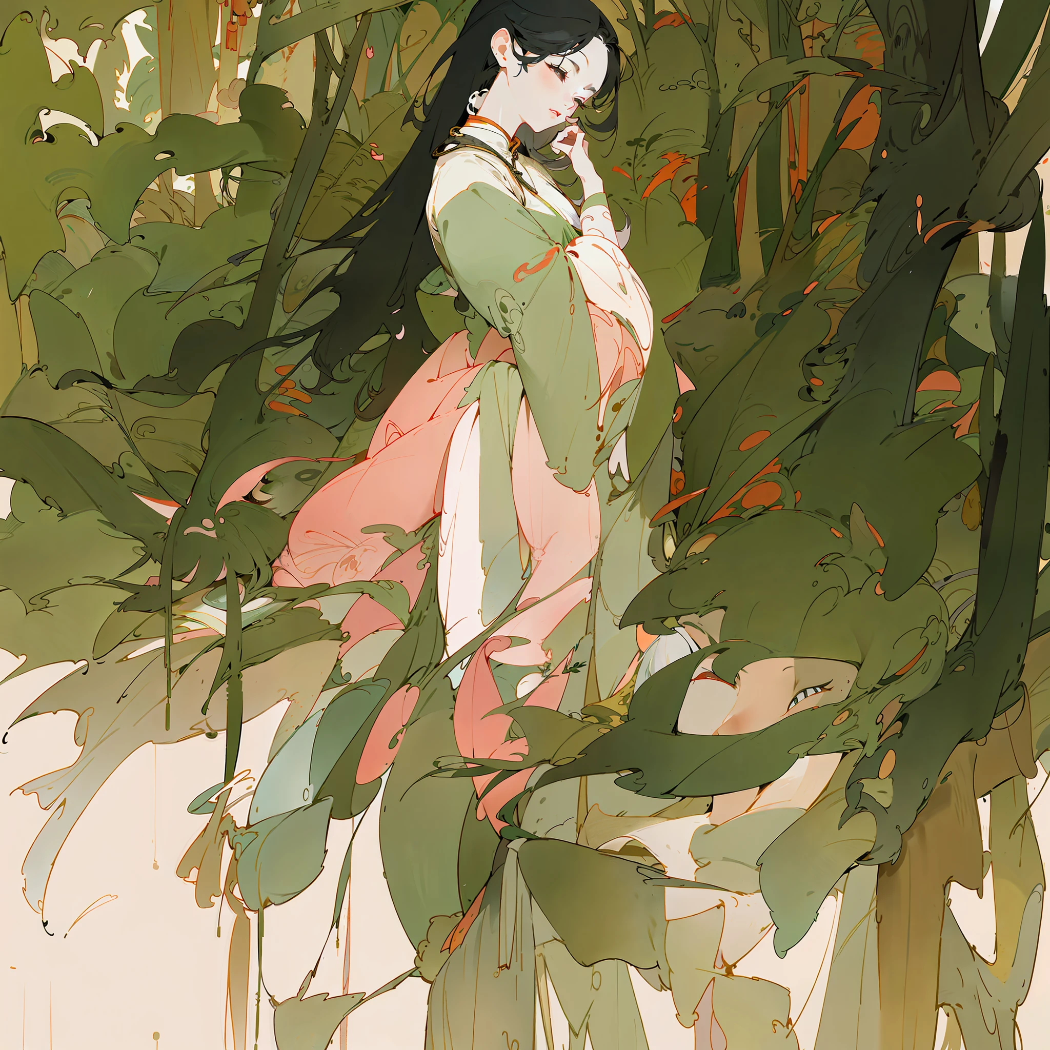An ancient Chinese beauty lying on the tree trunk, wearing ancient Chinese clothing, flowing tulle, light silk, lazy posture, willow, catkins, ink painting style, clear face, clean color, decisive tailoring, blank, black and white color, freehand, masterpiece, super detailed, epic composition, high quality, the highest quality, 4k --v 6