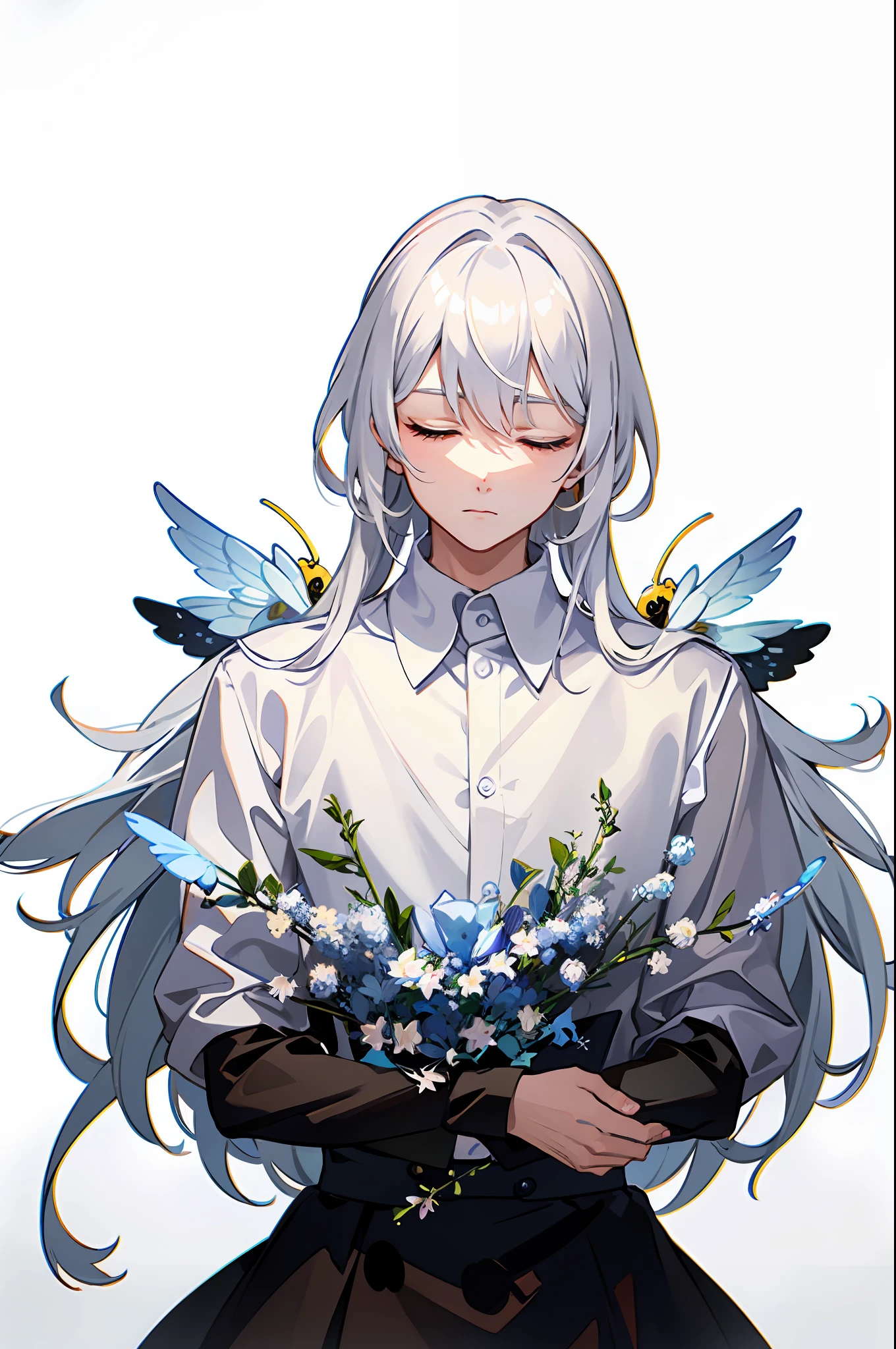 Boy, with white hair, eyes closed, expressionless, floating, like a god, surrounded by many cute bees, 8k, masterpiece, super details.