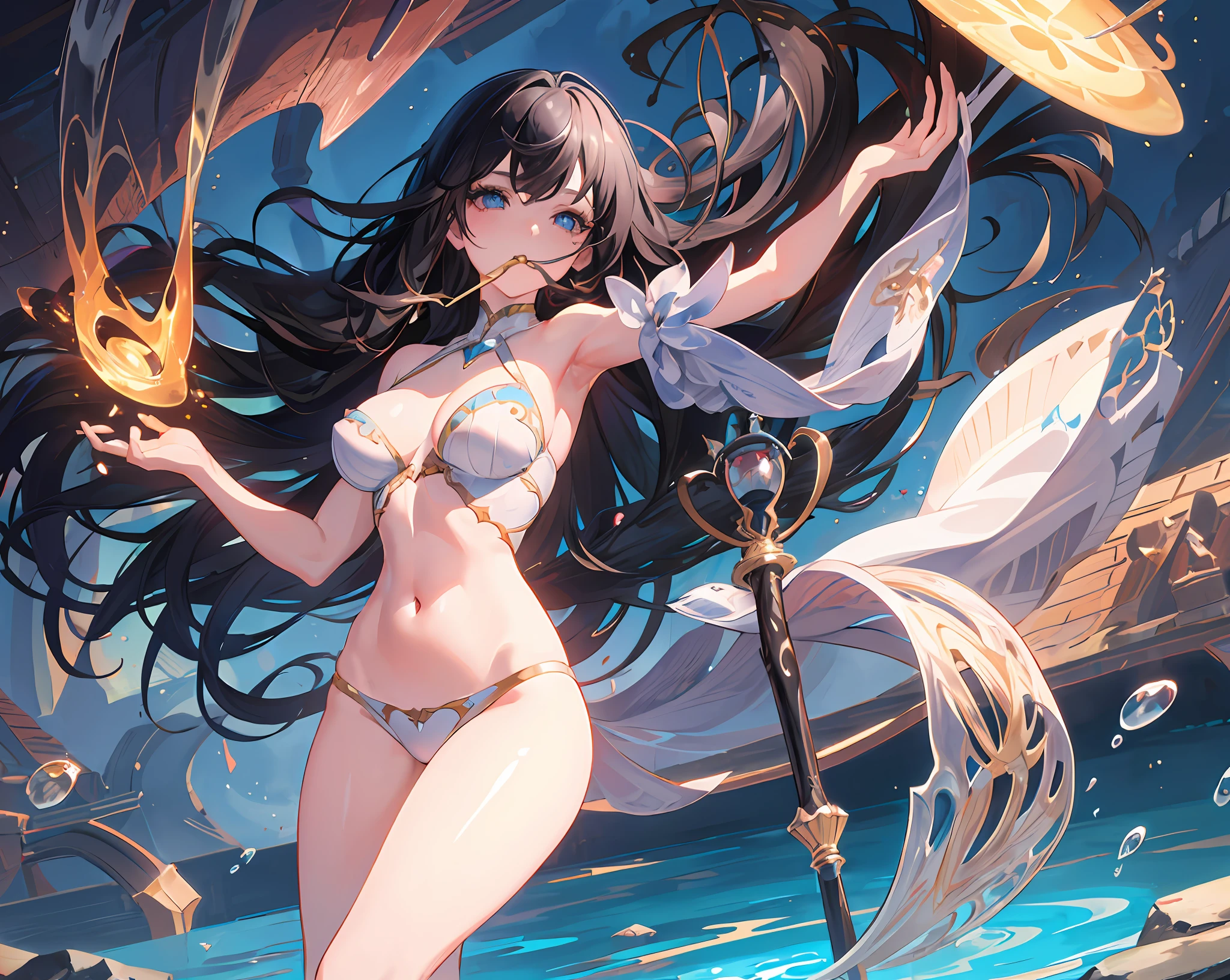 (high quality detailed art 8k, ((anime girl)),((beautiful fantasy queen))), high quality lighting, natural shadows, ((highly detailed art germ)), floating feeling, sexy pose , ((long black hair)), ((long black hair)), dress, large breasts, exposed stomach, white liquid, exposed armpits, beautiful face, seductive eyes, detailed digital anime art, dynamic angle, strap, (pool side view), ripples, water surface. He has a stick in his mouth.