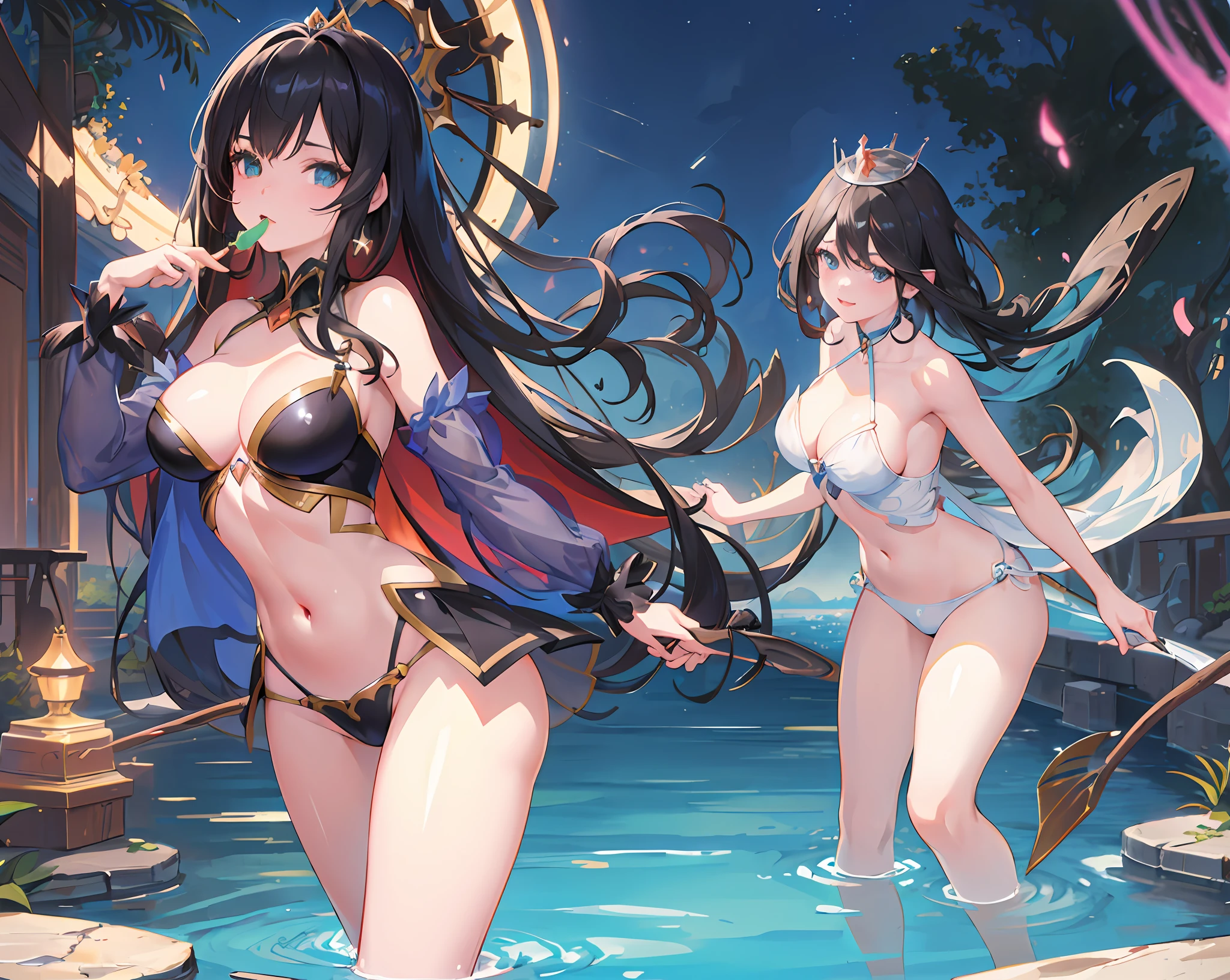 (high quality detailed art 8k, ((anime girl)),((beautiful fantasy queen))), high quality lighting, natural shadows, ((highly detailed art germ)), floating feeling, sexy pose , ((long black hair)), ((long black hair)), dress, large breasts, exposed stomach, white liquid, exposed armpits, beautiful face, seductive eyes, detailed digital anime art, dynamic angle, strap, (pool side view), ripples, water surface. It has a thick stick in its mouth.