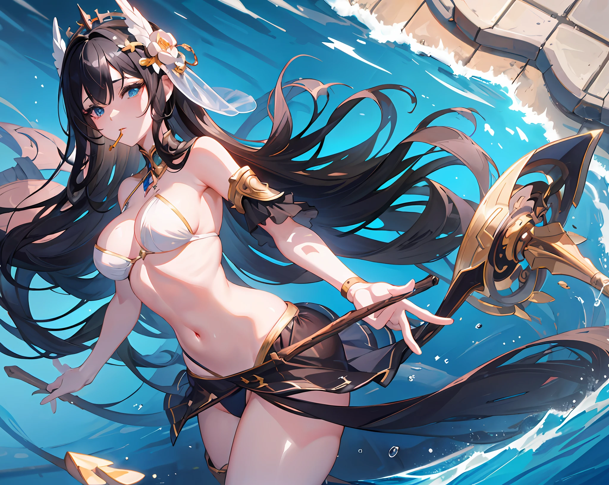 (high quality detailed art 8k, ((anime girl)),((beautiful fantasy queen))), high quality lighting, natural shadows, ((highly detailed art germ)), floating feeling, sexy pose , ((long black hair)), ((long black hair)), dress, large breasts, exposed stomach, white liquid, exposed armpits, beautiful face, seductive eyes, detailed digital anime art, dynamic angle, strap, (pool side view), ripples, water surface. It has a thick stick in its mouth.