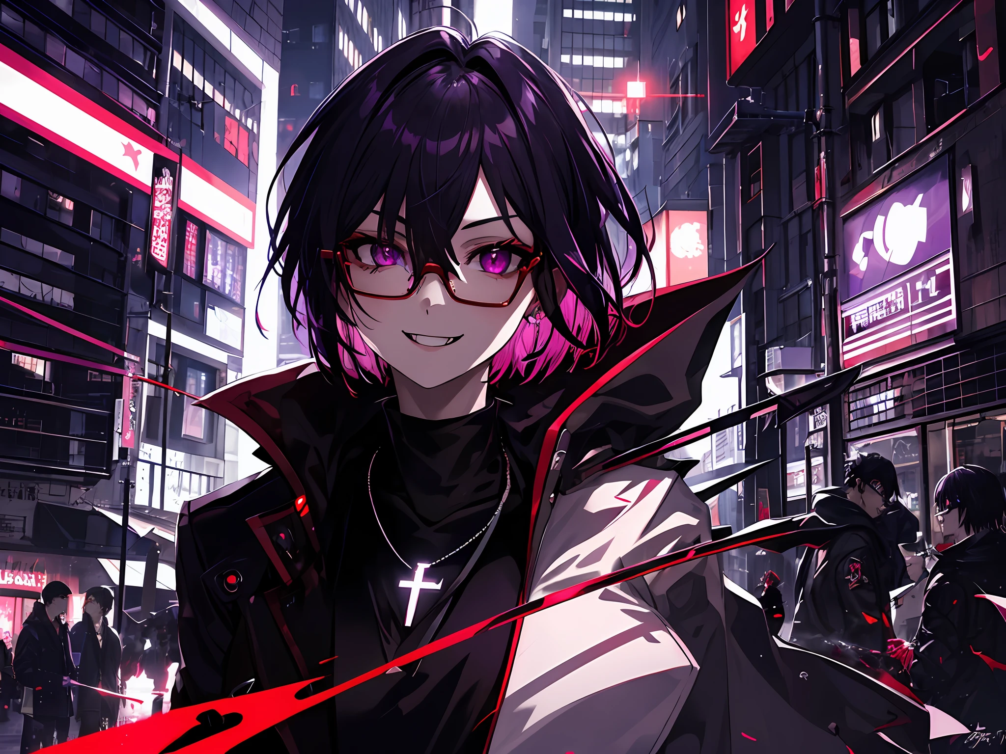 masterpiece, vampire boy,best quality, ultra-detailed, illustration, close-up, straight on, face focus, solo,, short hair, city, sunlight,(Soft glow:1.1),light smile,8k, best quality, ultra high res, vampire male, high quality,cyberpunk style, wearing round glasses, sci-fi, anime vampire boy, ((red purple Black mixed hair)), half red half purple eyes, wearing round glasses, silver cross necklace, black rings, fangs, smile, wearing a big cybercoatwith different lighting in it , long big cybernetic scythe, outsideon Japanese street, close up photo