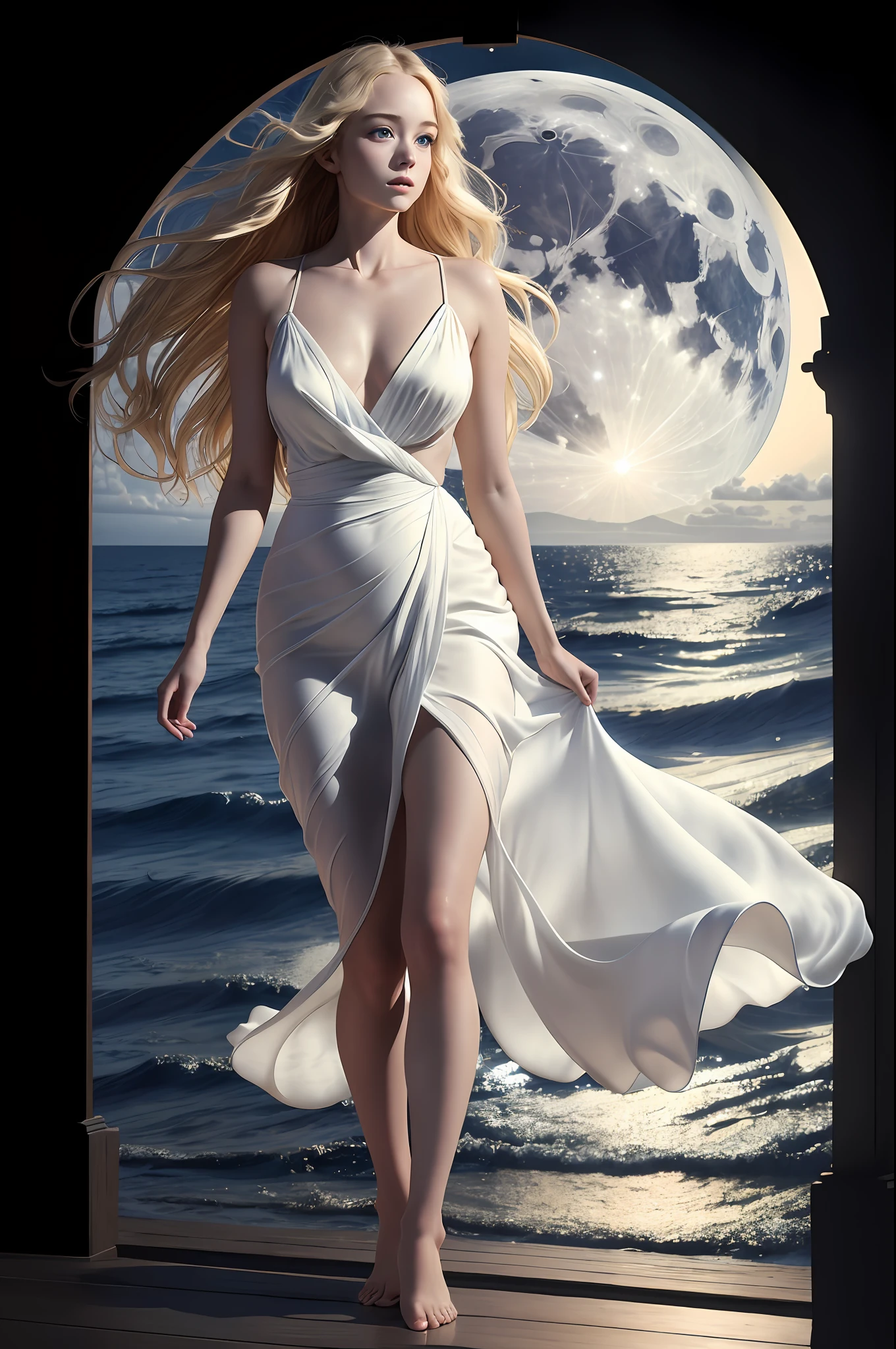 Beautiful woman, bare feet, dramatic lighting, highest quality, movie stills, (delicate face, blue eyes, golden hair, very beautiful, healthy female body, ( white silk dress), perfect face, holding out one hand to the viewer, moon on the horizon, looking at viewer, (skin details), standing in the sea, (night sky: 0.7), (ocean: 0.6), dark, dim light, 8k, global illumination.