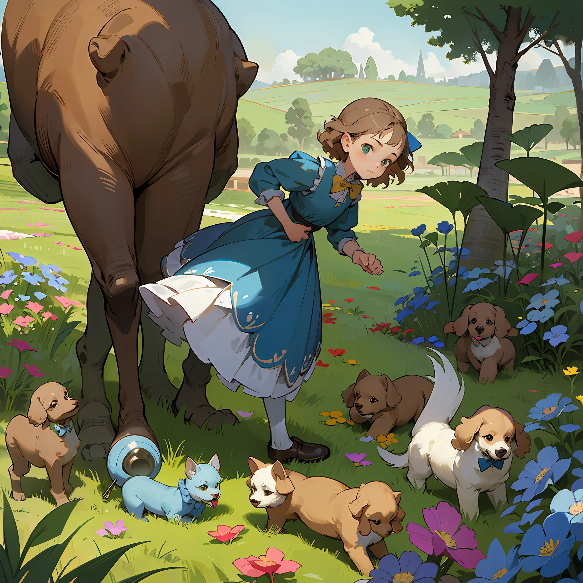 Setting is a green meadow :: Lele is a Small brown poodle with blue bow tie :: Setting contains Lele Bite on a toy ball :: Morning Mood by Anton Pieck, Frida Kahlo, Beatrix Potter, Gediminas Pranckevicius, Robert Rauschenberg - -v 4 --q 2