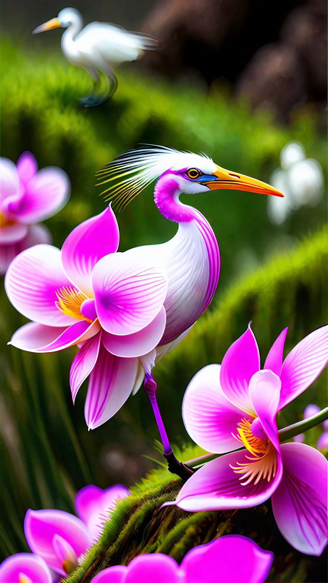 https://s.mj.run/1IRpU8DMogk On a sunny day, the pink purple Fly Egret Orchid grows on the steep mountain slope seam, with flowers resembling flying egrets and some moss. The petals are clear and delicate, frogs, with a blurry background, lifelike, realistic photos, ultra high definition, 16K high definition, high-definition --s 750 --upbeta --q 5 --v 5 --ar 9:16