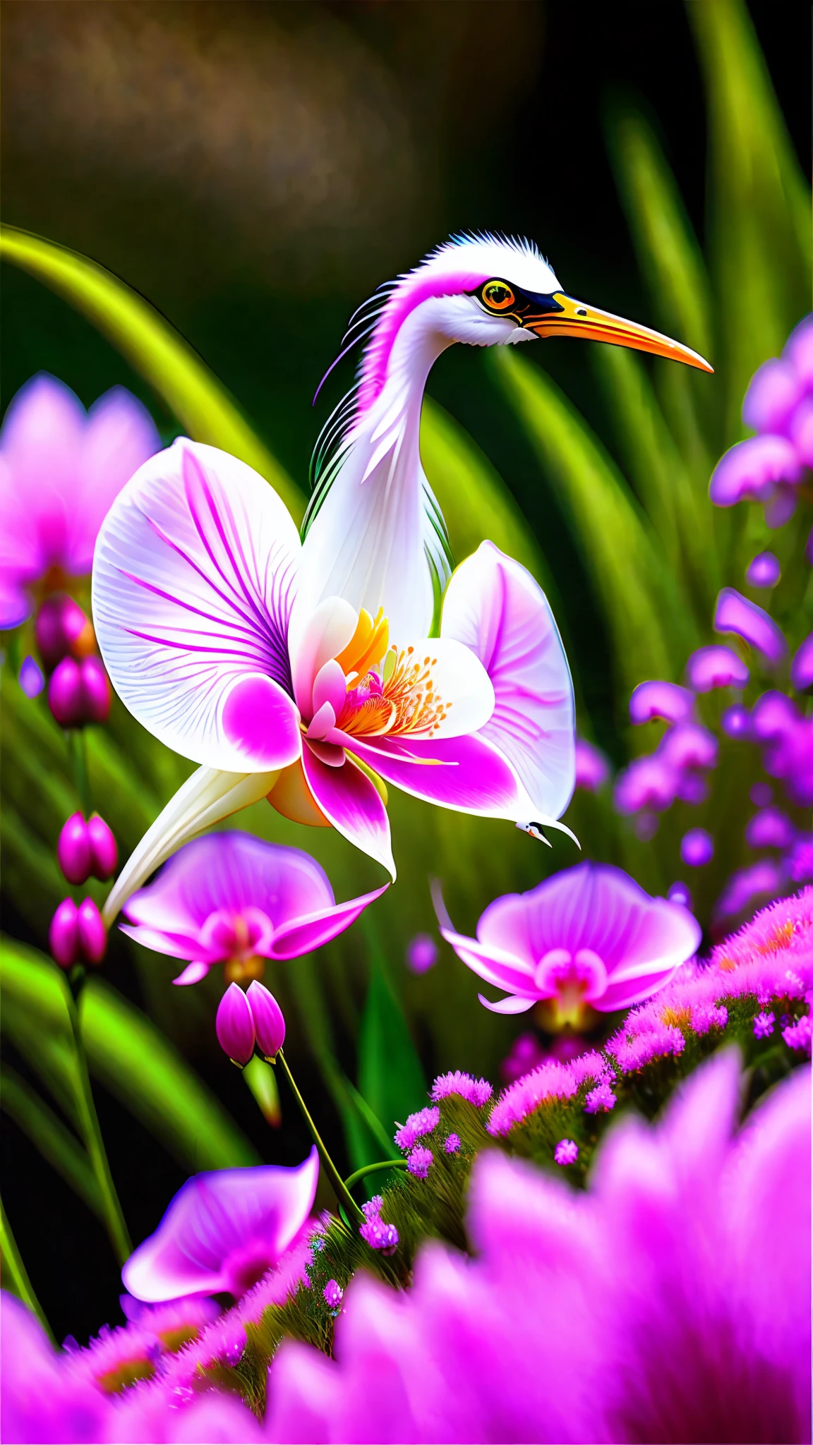 https://s.mj.run/1IRpU8DMogk On a sunny day, the pink purple Fly Egret Orchid grows on the steep mountain slope seam, with flowers resembling flying egrets and some moss. The petals are clear and delicate, frogs, with a blurry background, lifelike, realistic photos, ultra high definition, 16K high definition, high-definition  --s 750  --upbeta --q 5       --v 5 --ar 9:16