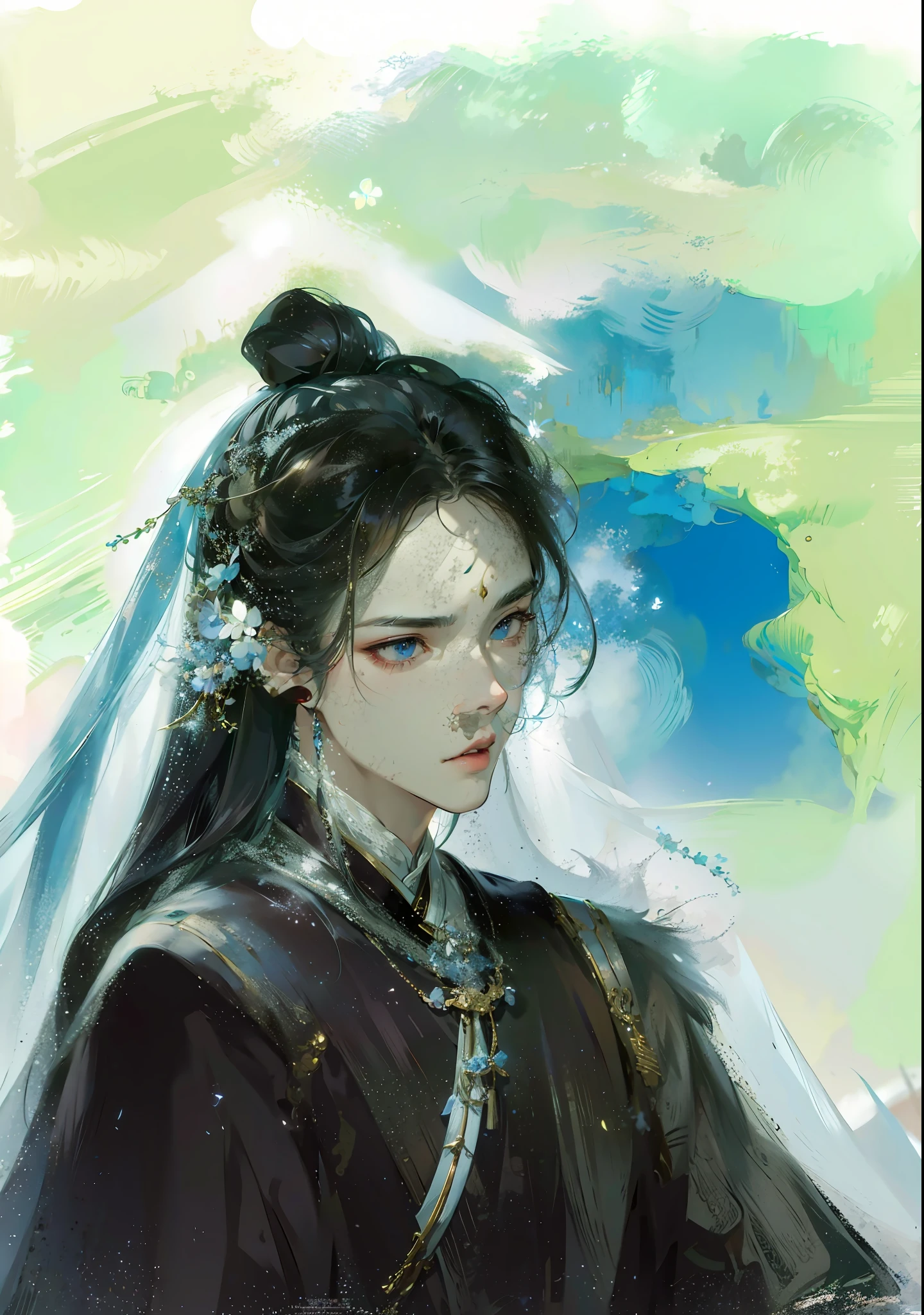 (Male: 1.1), black eyes, oriental beauty, (masterpiece), best quality, Anime, merge, colorful, vibrant colors, illustration, artstyle, fantasy, realistic, animation, (photo_\(medium\):1.0), by Antonio J. Manzanedo, by Jeremy Lipking, lightning, in surreal landscape, smooth, sharp focus
