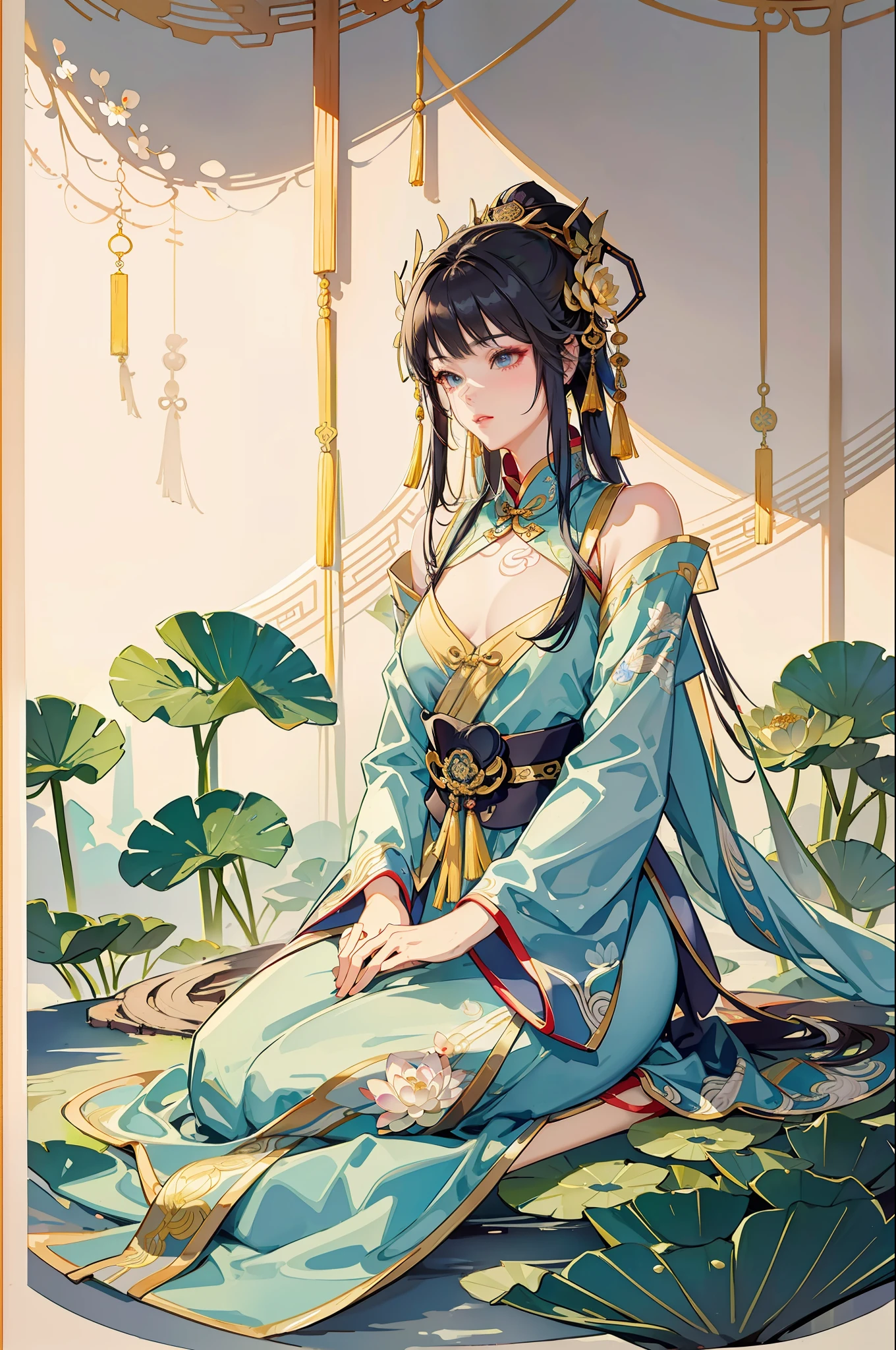 An ancient Chinese beauty sitting on a stone, wearing ancient Chinese clothing, flowing tulle, light silk, lazy posture, large lotus leaf, lotus, ink painting style, clean color, decisive cutting, blank, freehand, masterpiece, super detailed, epic composition, high quality, the highest quality, 4k --v 6