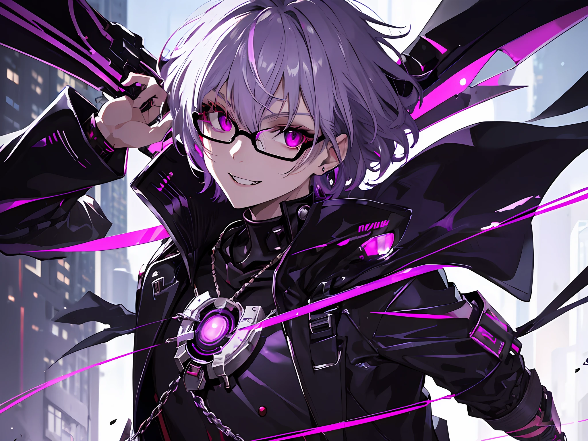 masterpiece, vampire boy,best quality, ultra-detailed, illustration, close-up, straight on, face focus, solo,, short hair, city, sunlight,(Soft glow:1.1),light smile,8k, best quality, ultra high res, vampire male, high quality,cyberpunk style, male,wearing round glasses, sci-fi, anime vampire boy, ((white purple Black mixed hair)), half red half purple eyes, wearing round glasses, silver cross necklace, black rings, fangs, smile, wearing a big cybercoatwith different lighting in it , long big cybernetic scythe, outsideon Japanese street, close up photo