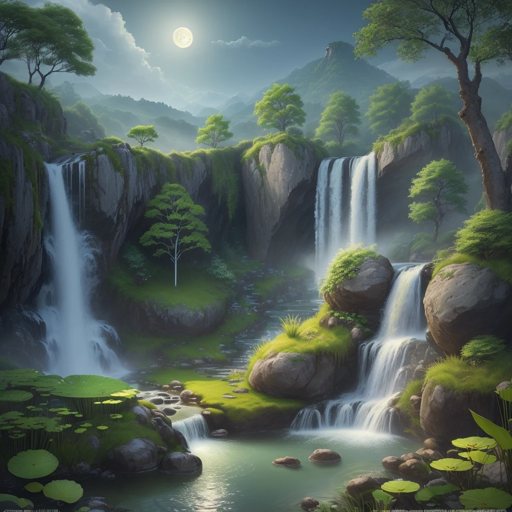 Ancient Chinese architecture, garden, bamboo, lake, stone bridge, rockery, arch, corner, rockery, tree, flowing water, landscape, outdoor, waterfall, meadow, rock, water lily, stream, lotus, moon, night view, hot springs, water vapor, (illustration: 1.0), epic composition, realistic lighting, high-definition detail, masterpiece, best quality, (very detailed CG unified 8k wallpaper), (best quality)