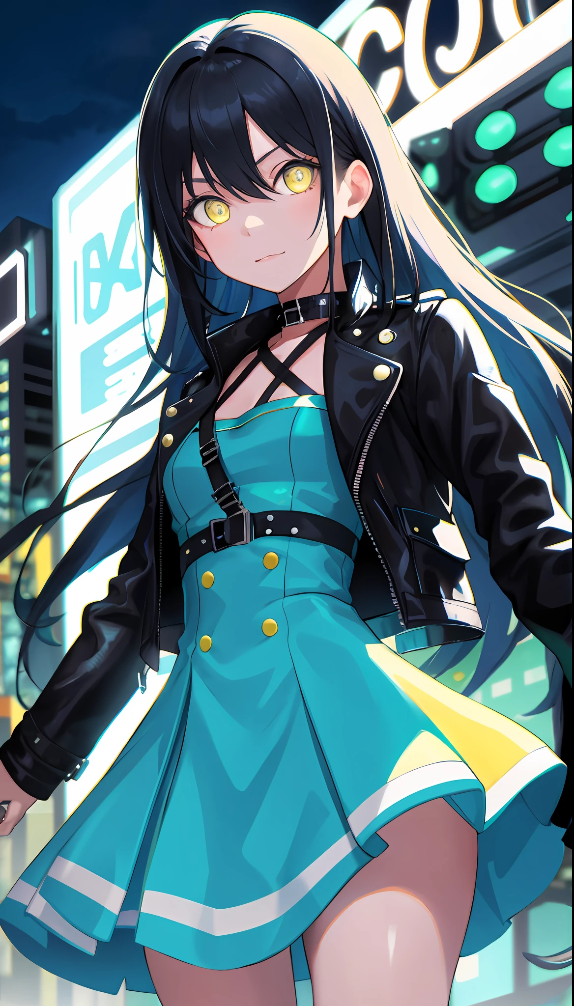 masterpiece, semi-realistic, 50mm portrait, highres, sharp focus, super detail, absurdity, dynamic lighting, 1girl, solo, cute, biker jacket, baby blue dress, long hair, yellow eyes, neon, night, delicate face, sexy facial expression, bloom, glow, depth of field