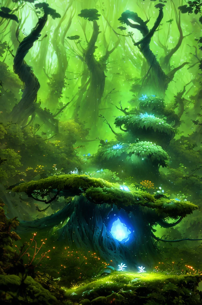 Pino Daeni, Created by Ruan Jia, Created by Alayna Lemmer, Created by Carlo Galli Bibiena, [Spirit Tree] , sky blue and olive green sky, starry, forest, blue ocean and glowing plants, (Ori and the Blind Forest), (Ori and the Blind Forest the Will of the Wisps), 2D game, digital art, realistic scale, Sharp focus, (HDR), (8k), (gigapixel), ((masterpiece))