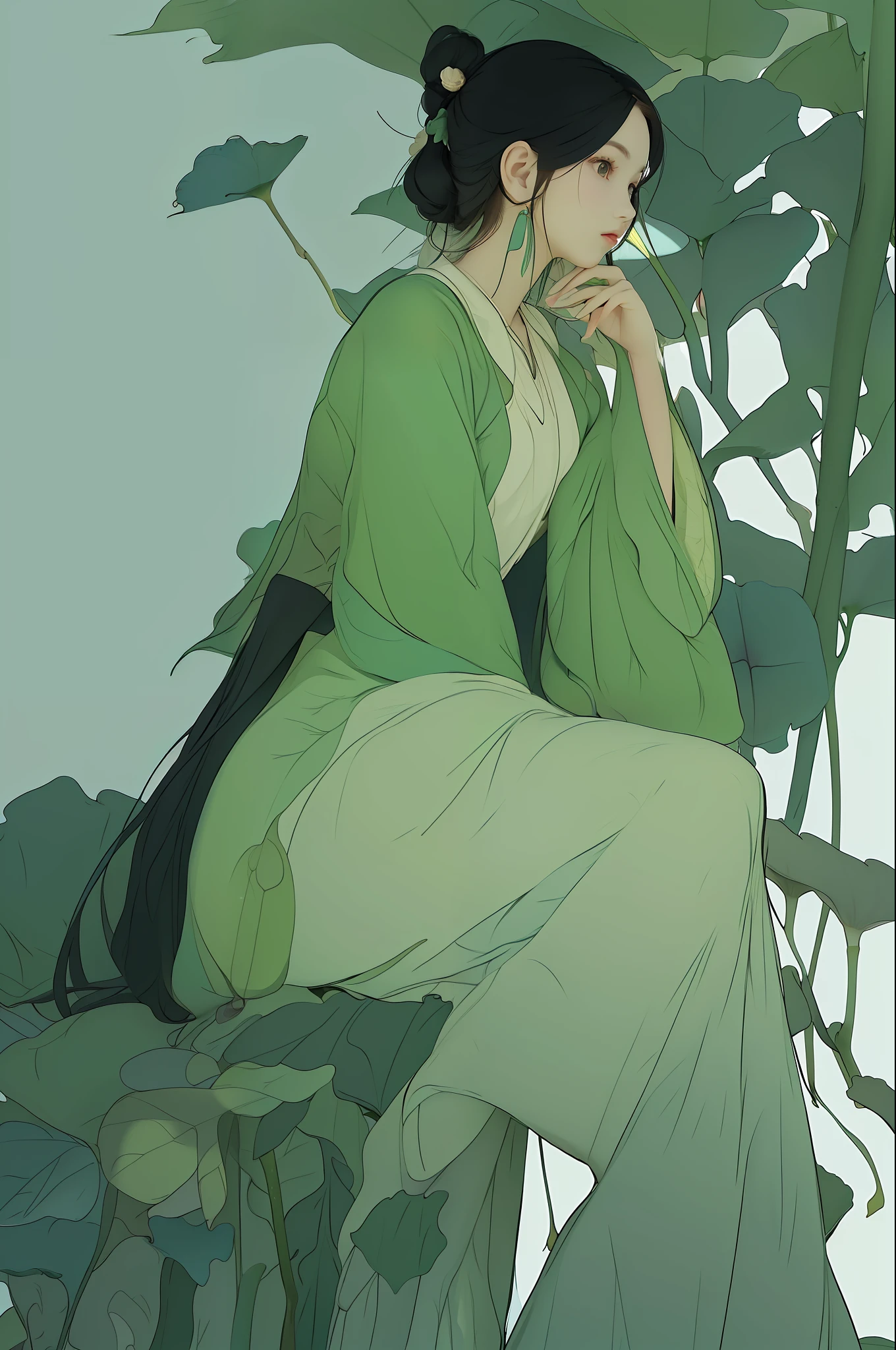 a girl ,green | cyan dress ,sitting on a large lotus leaf,Waterfowl,sunlight,