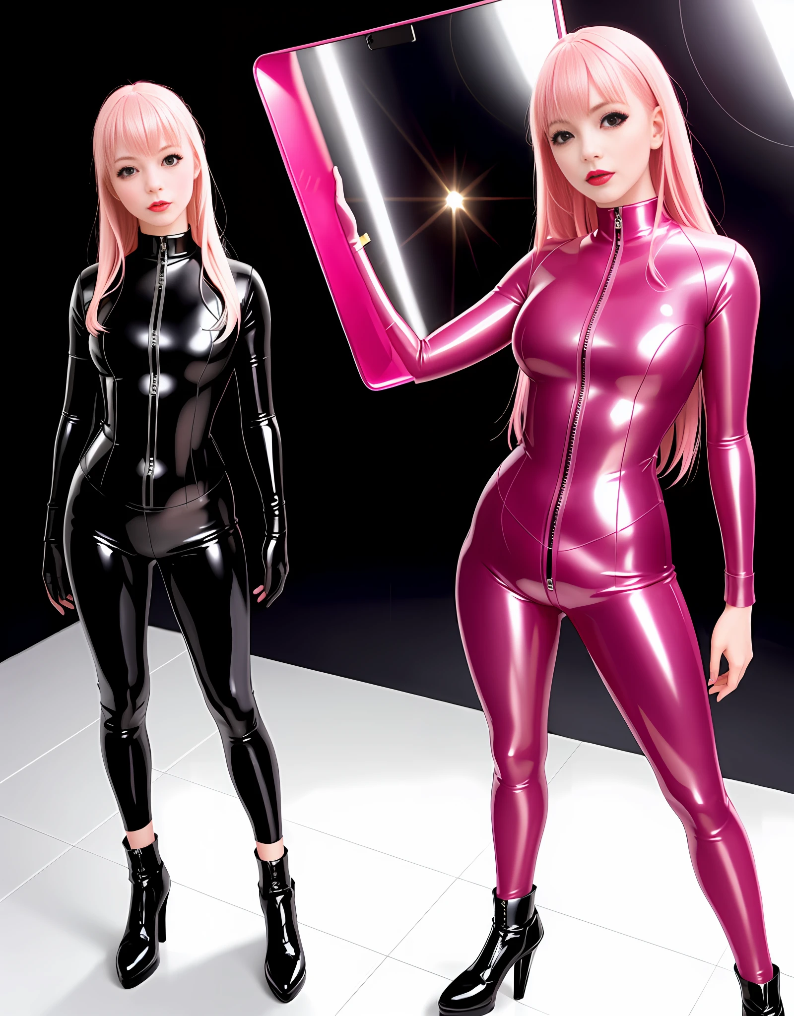 A girl, full body latex clothing, realistic, pink latex skin, skin reflections, full body figure, standing, black lips