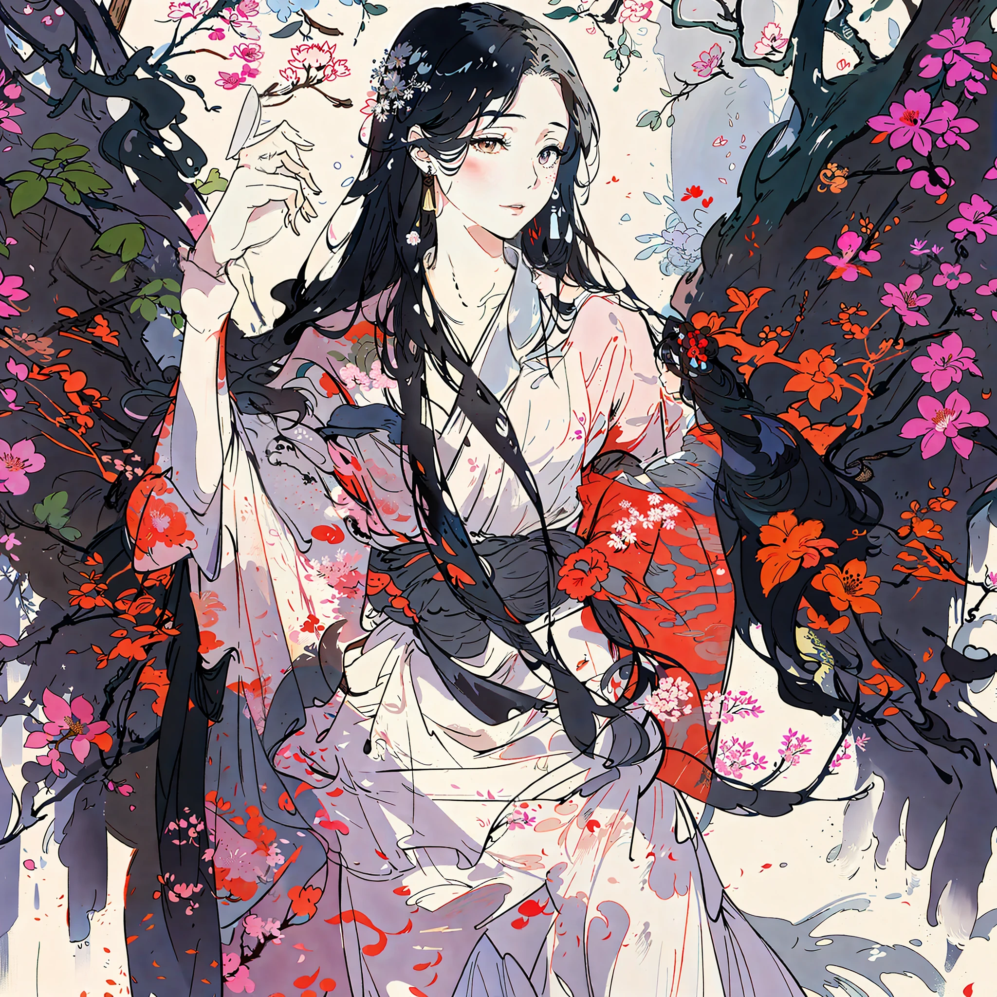 An ancient Chinese beauty lying on the tree trunk, wearing ancient Chinese clothing, flowing tulle, light silk, lazy posture, willow, catkins, ink painting style, clear face, clean color, decisive tailoring, blank, black and white color, freehand, masterpiece, super detailed, epic composition, high quality, the highest quality, 4k --v 6