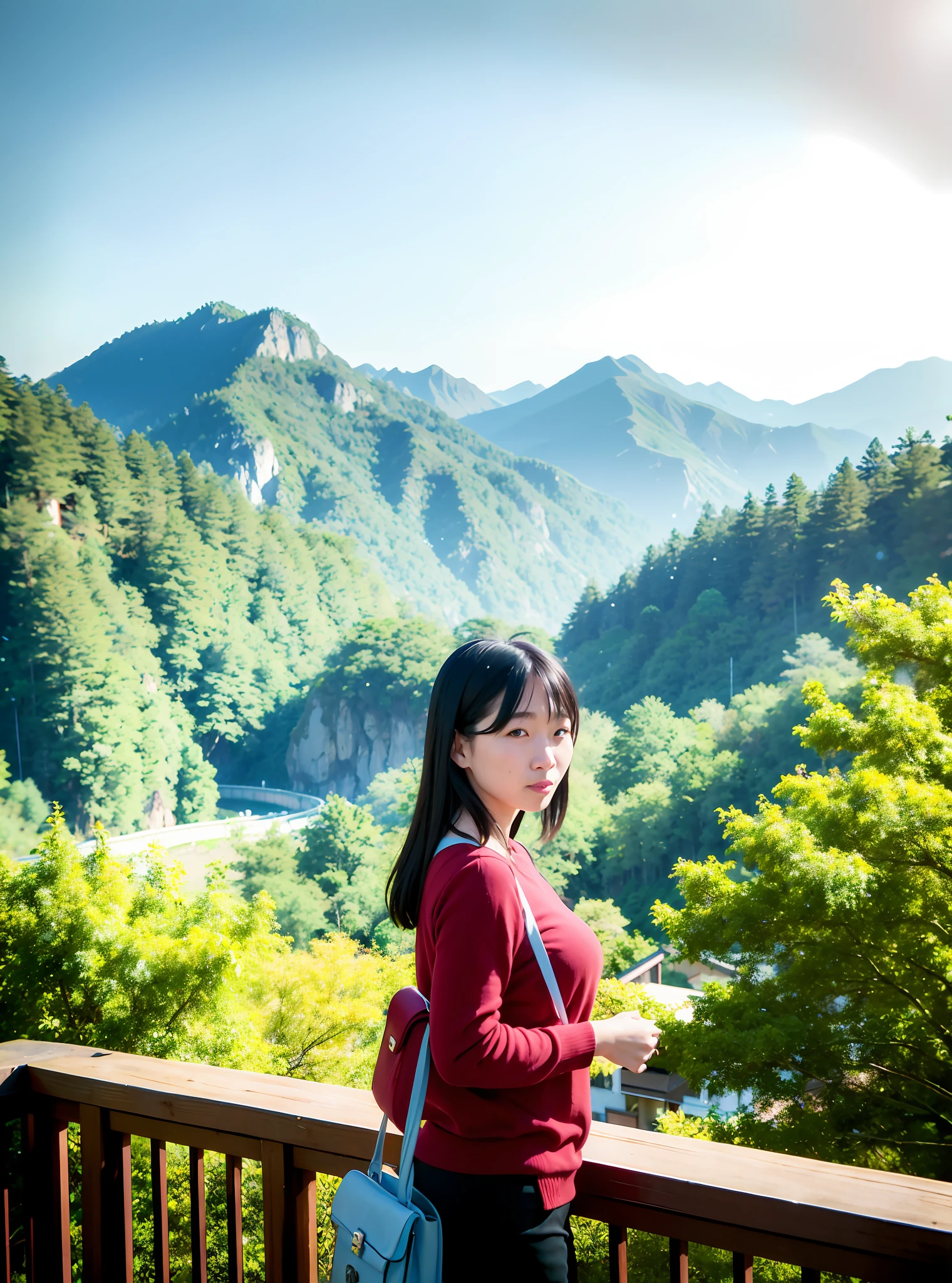 araffe woman leaning on a railing with a handbag on her shoulder, with mountains in the background, with mountains in background, xintong chen, moutain in background, in mountains, a young asian woman, like jiufen, on a sunny day, dang my linh, photo taken with canon 5d, nivanh chanthara