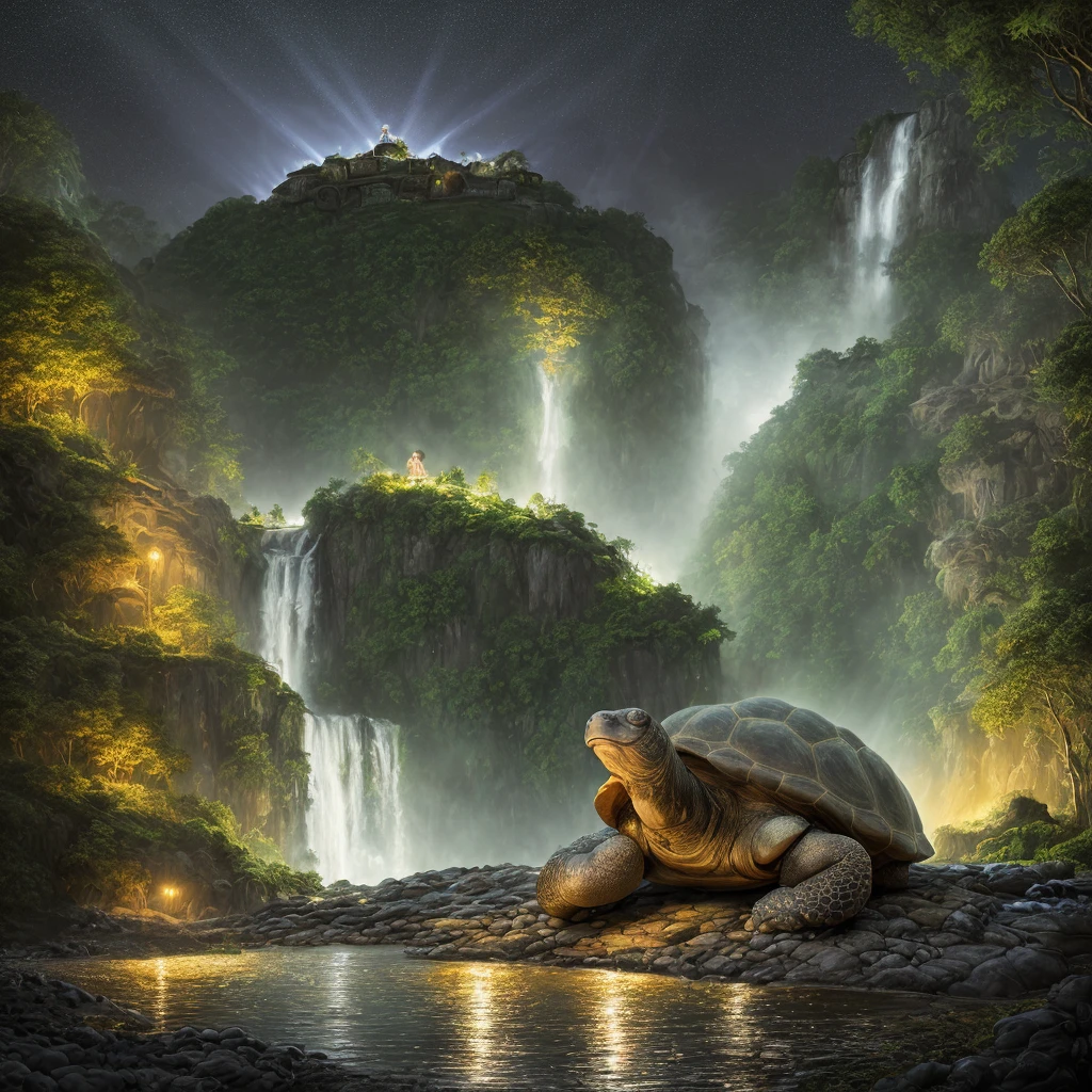 (Highly Detailed, Best Quality, Masterpiece) Girl, joyfully, giant tortoise, with light rain on a dark beach at night, with a wide viewing angle, with a stunning looking waterfall serving as a backdrop. The warm, dreamy lighting adds a beautiful glow to the scene