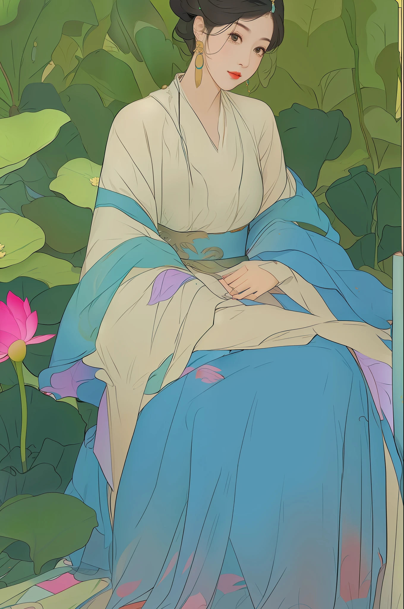 An ancient Chinese beauty, turquoise dress, sitting on a large lotus leaf, lotus, sunshine, clear face, masterpiece, super detailed, epic composition, high quality, highest quality, 4k --v 6