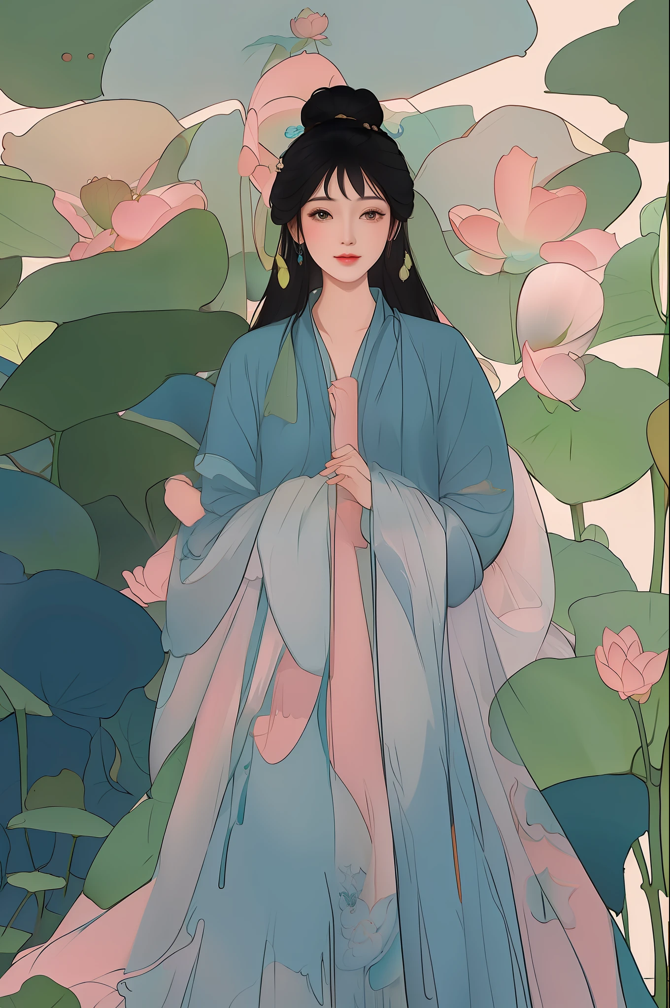 An ancient Chinese beauty, turquoise dress, sitting on a large lotus leaf, lotus, sunshine, clear face, masterpiece, super detailed, epic composition, high quality, highest quality, 4k --v 6