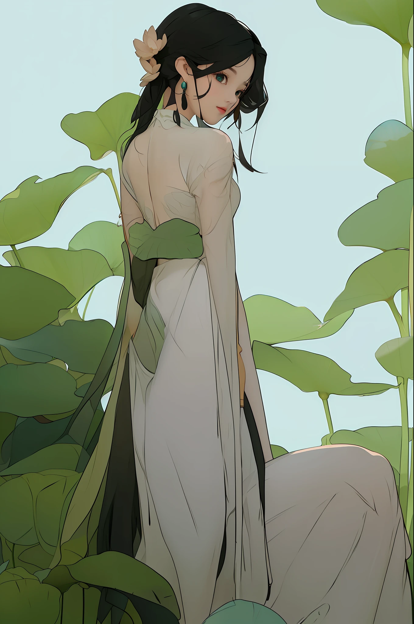A beautiful girl, turquoise dress, sitting on a large lotus leaf, lotus, sunshine, clear face, masterpiece, ultra-detailed, epic composition, high quality, highest quality, 4k --v 6