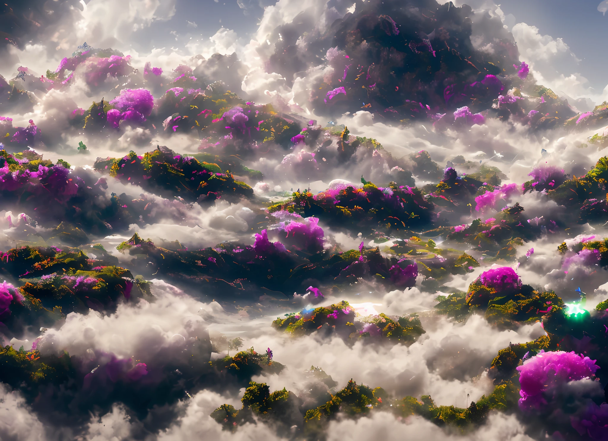 there is a picture of a mountain with flowers in the clouds, mythical floral hills, surreal waiizi flowers, dreamlike digital painting, clouds. fantasy, floral environment, epic dreamlike fantasy landscape, fantasy magical vegetation, 4k highly detailed digital art, floating lands in-clouds, a surreal dream landscape, in a surreal dream landscape, in the white clouds fairyland