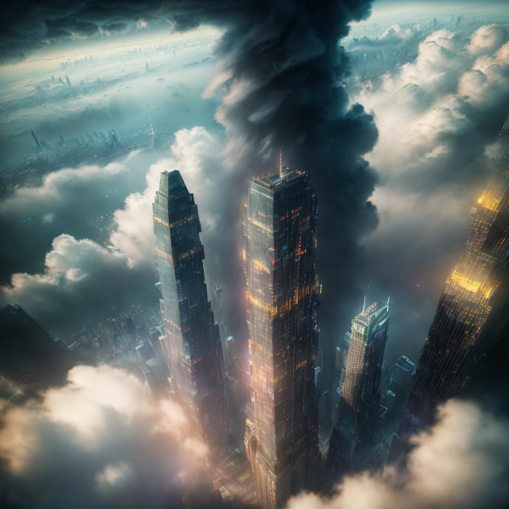 ((Epic movie-like picture|excellent picture quality), (bustling city|big city) landscape, (dynamic CG|matte painting|Vray rendering), (3D rendering|CG art) combined, Yuan Wang (high angle), tall buildings, neon lights, night, cloudy, surrounded by clouds, (peninsula|coast) vista), aerial photography, golden ratio composition