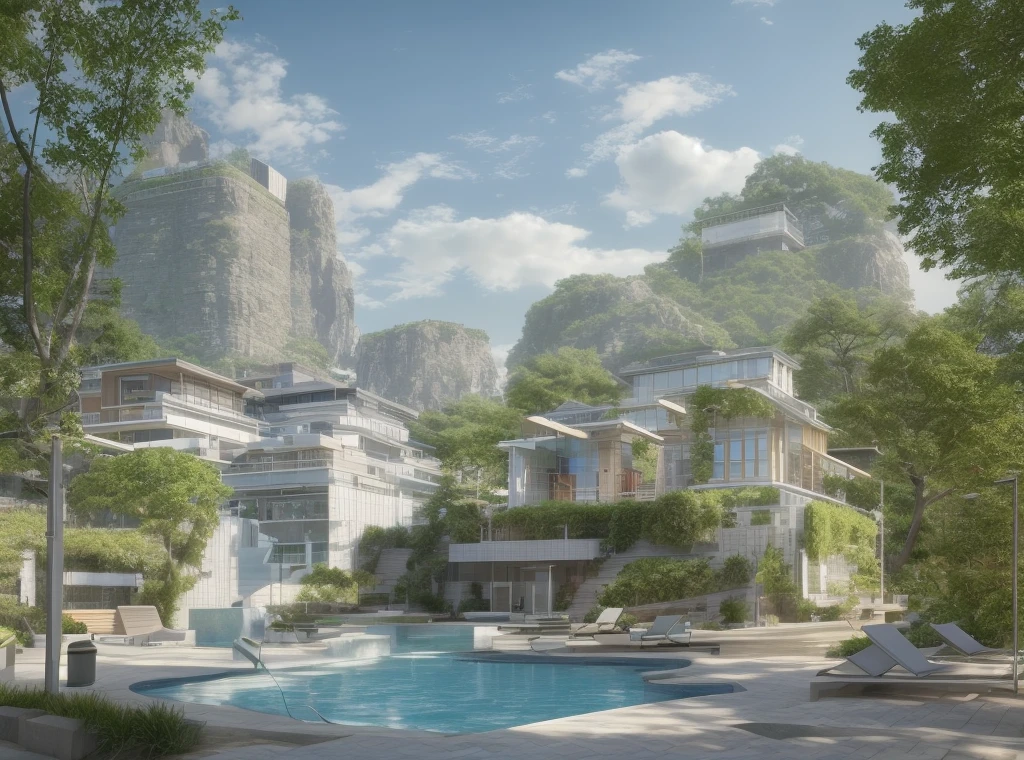 According to the architectural outline of the reference map, design a building with a sense of scenery