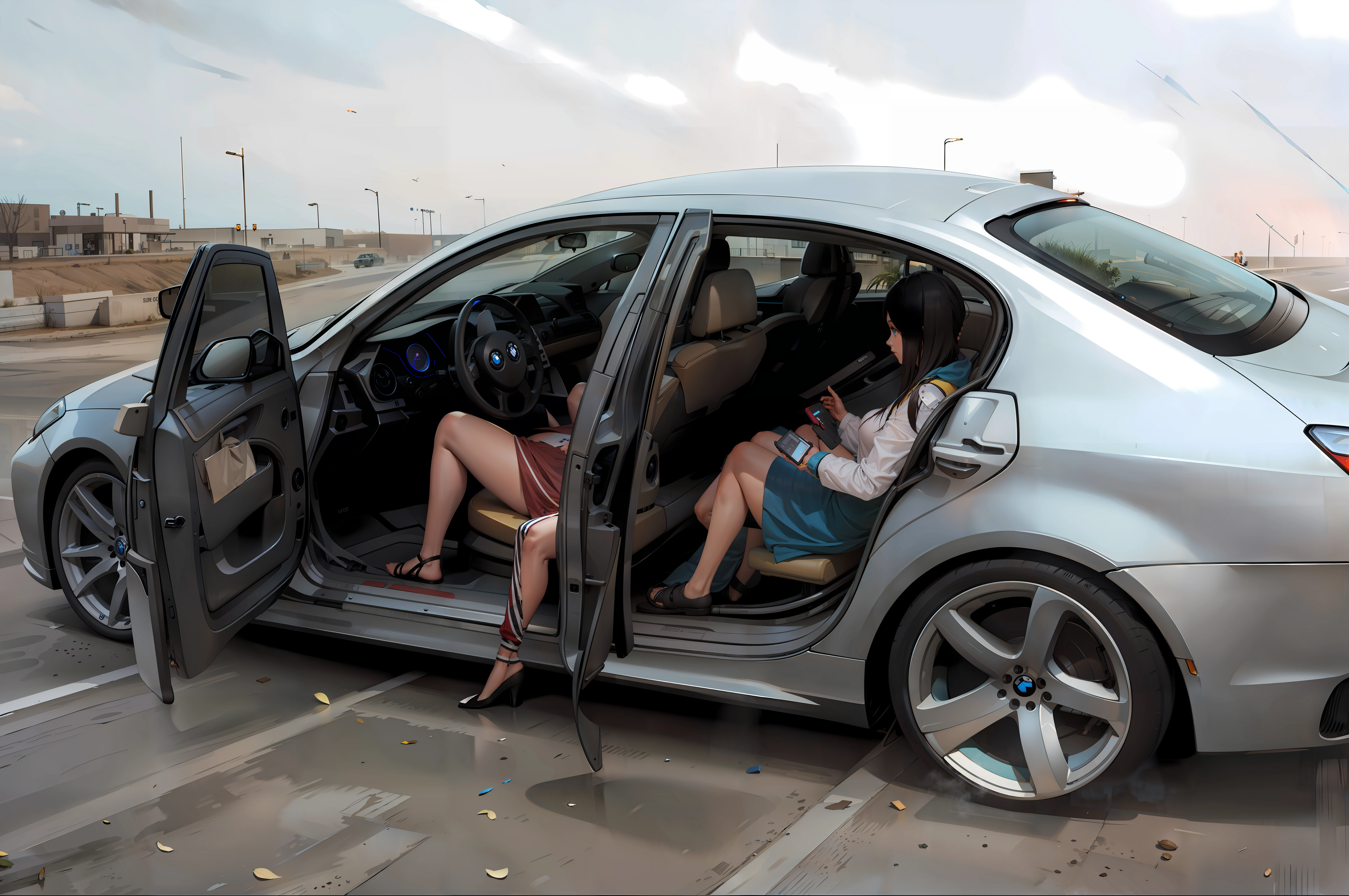 nice BMW with two girls on street with a sunset in background