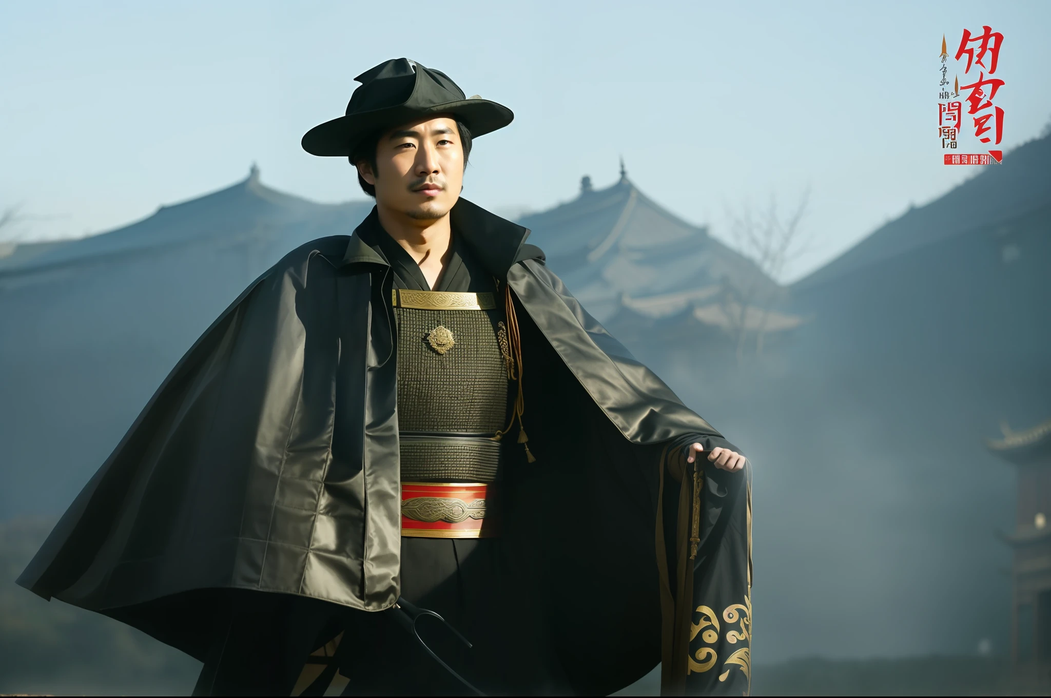 Arafed man in black cloak and hat holding a rifle, inspired by Shin Saimdang, historical drama, wearing old samurai uniform, as Wu, historically accurate, live action movie stills, Chinese Ming Dynasty, Hanfu
