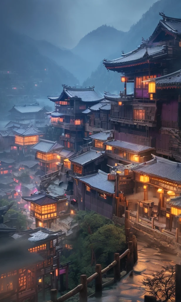A house on a river among forests,(((masterpiece))),(((purple roof))),(((best quallity)))