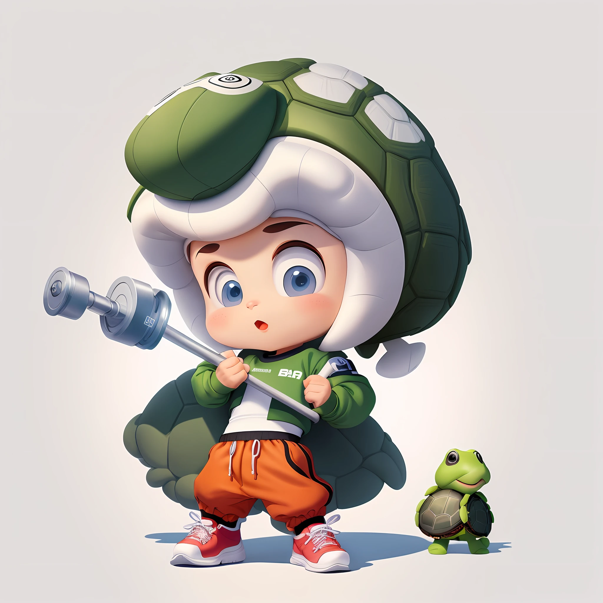 Cartoon character IP, wearing modern sportswear, holding a measuring instrument, a turtle boy, and a pure white background