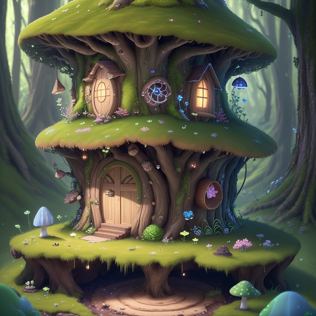 Masterpiece, best quality, (extremely detailed CG unity 8k wallpaper), (best quality), (best illustration), (best shadow),（A mushroom house covered with moss）, (((Fantasy))), ((Spirit) )), (((Dew))),（Timbo）,（Bach）, firefly, clover, starlight surrounds space, petal, isometric 3D, octane render, raytraced, extremely detailed, photograph, photorealistic