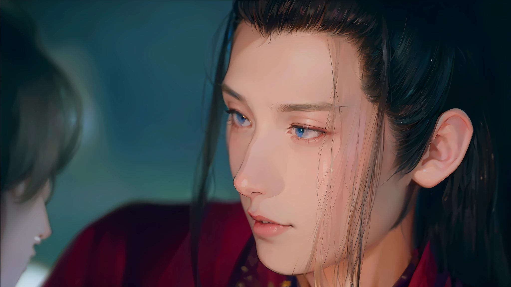 (Male: 1.1), black eyes, profile, oriental beauty, (masterpiece), best quality, Anime, merge, colorful, vibrant colors, illustration, artstyle, fantasy, realistic, animation, (photo_\(medium\):1.0 ), by Antonio J. Manzanedo, by Jeremy Lipking, lightning, in surreal landscapes, smooth, sharp focus