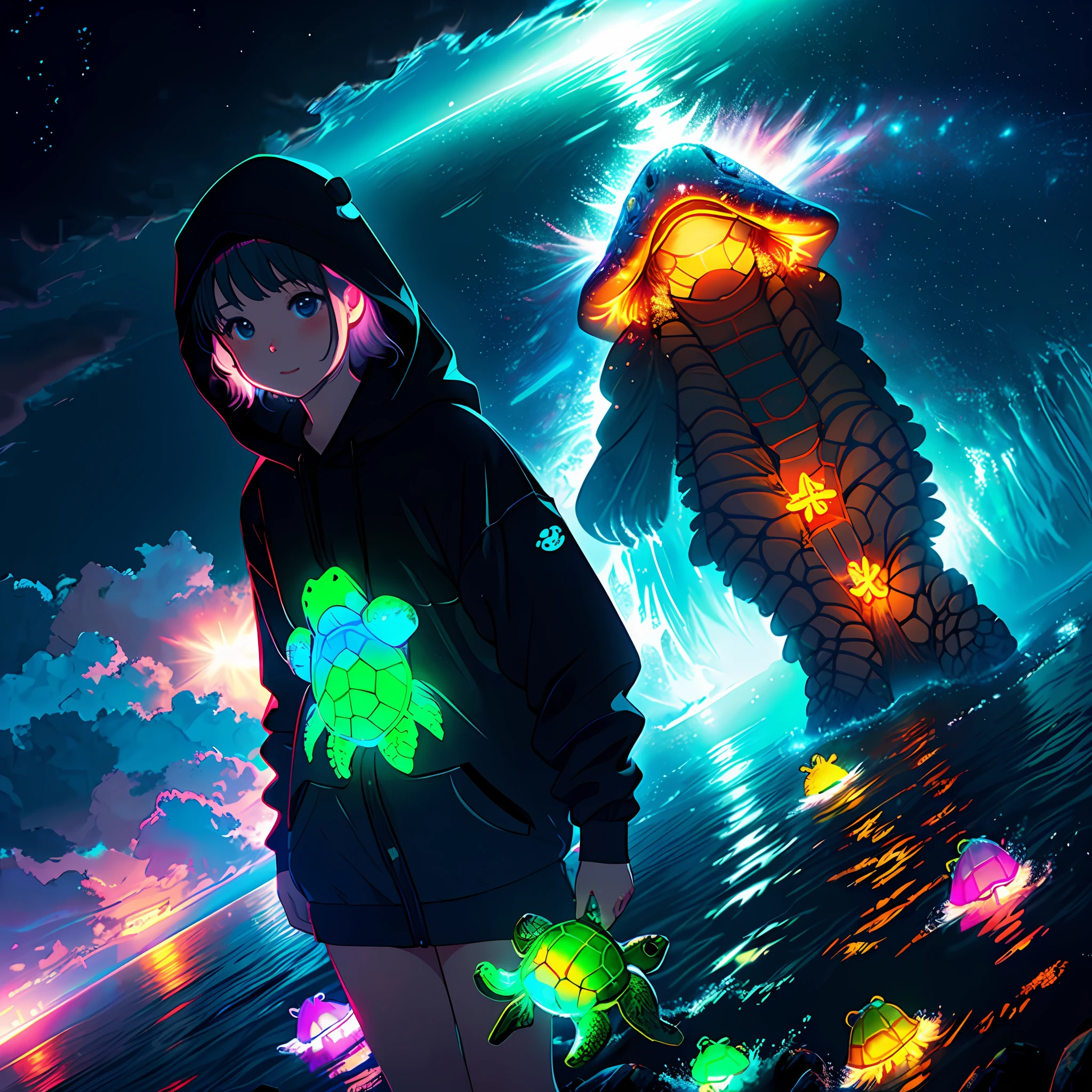 girl with glowing cute turtle, fun, beach, rainy, night, ultra wide angle, polar background, waterfall, sunken clothes, dreamy glow, soft lighting