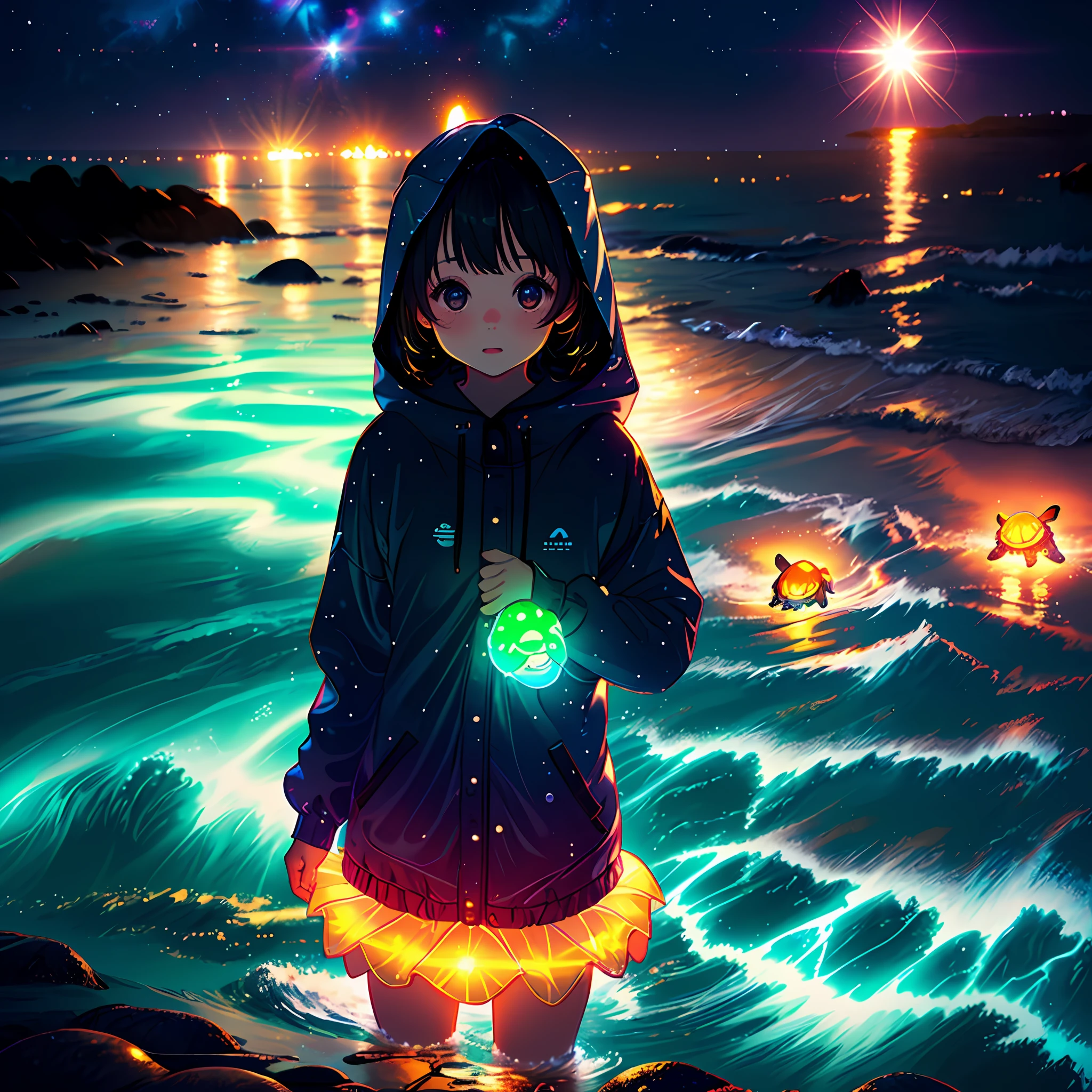 girl, glowing cute little turtle, fun, beach, rainy, night, ultra wide angle, polar background, waterfall, sunken clothes, dreamy glow, lens flare, soft lighting