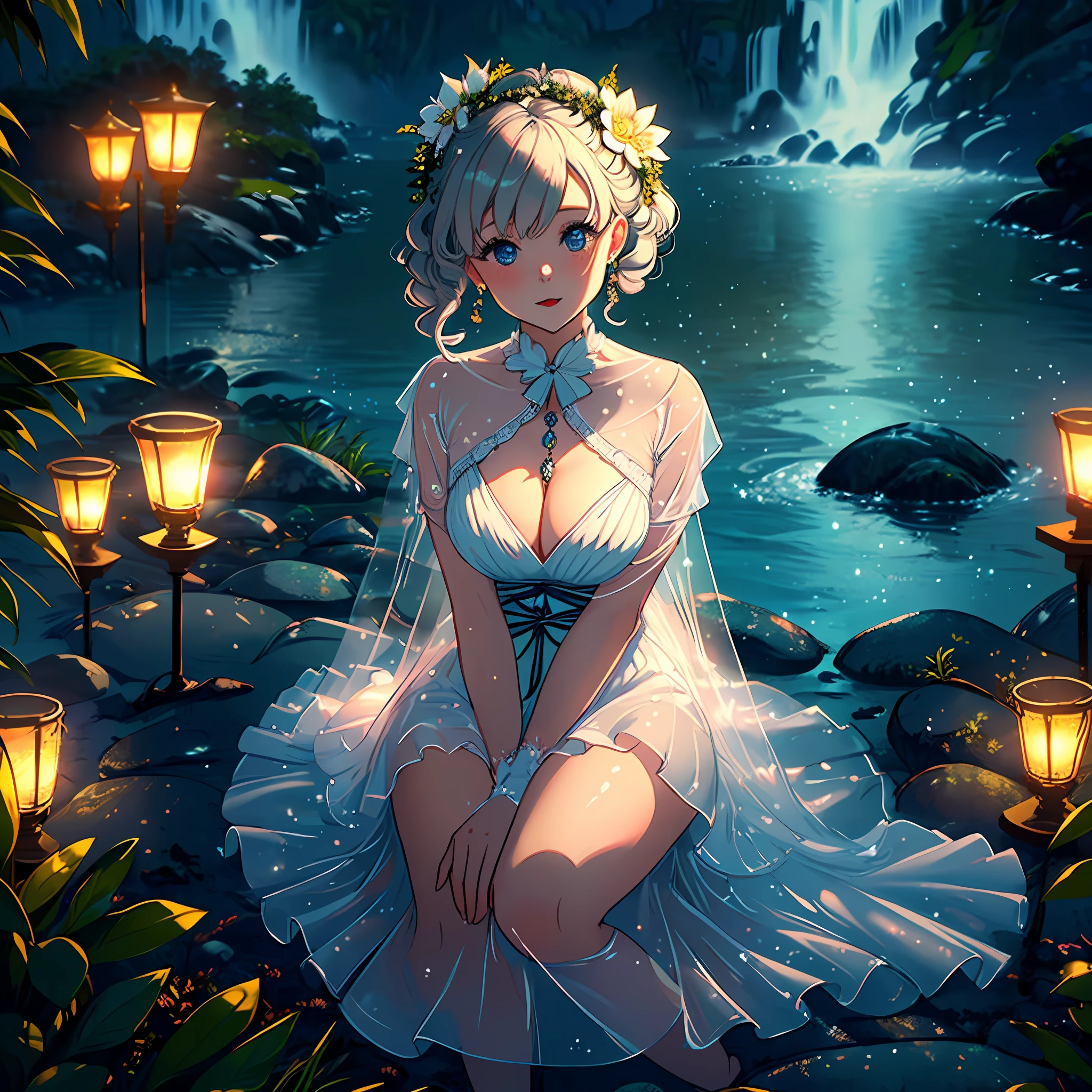 (Highly Detailed, Best Quality, Masterpiece) Girl, about cute turtle babies, hilariously, wears a very elegant outfit.  As gentle rain falls on a dark beach at night, a turtle's shell serves as its roost.  With its extremely wide angle of view, there is a polar backdrop to be seen, with a stunning waterfall serving as a backdrop.  The warm, dreamy lighting adds a beautiful glow to the scene