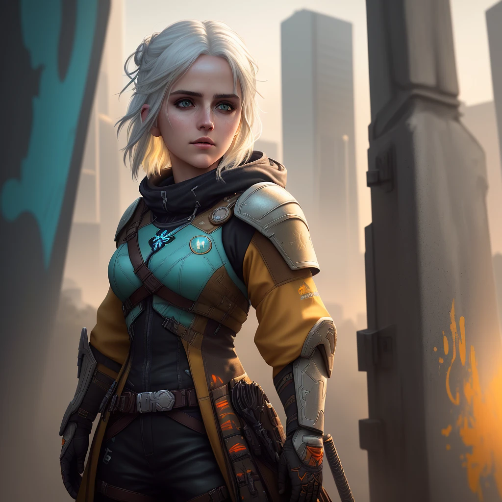 epic realistic, halo portrait, sunglasses, white hair of Ciri from The Witcher 3, yellow gradient, black, brown and purple color scheme, grunge aesthetic!!! graffiti tag wall background, art, soft cinematic light, adobe lightroom, darkroom, HDR, intricate, highly detailed, (depth of field: 1.4), faded, (neutral colors: 1.2), (hdr: 1.4) , (muted colors: 1.2), hyper detail (artstation: 1.4), cinematic, warm light, dramatic light (intricate details: 1.1), complex background (Rootkowski: 0.66), (turquoise and orange: 0.4)