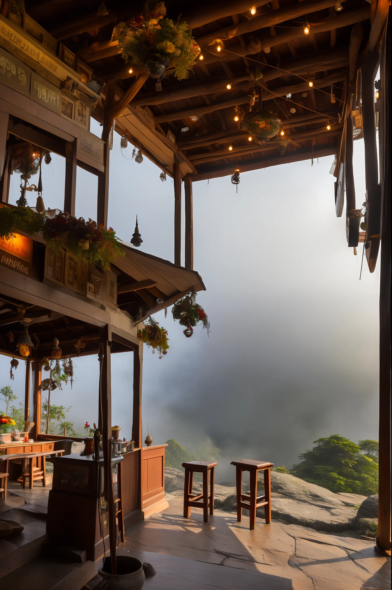 Inside a small antique coffee shop on top of mountain Simply decorated, the atmosphere of the fog is soft in the morning, Thailand, photo realistic, highly detailed, low resolution, saturated, high contrast, oversharpened.