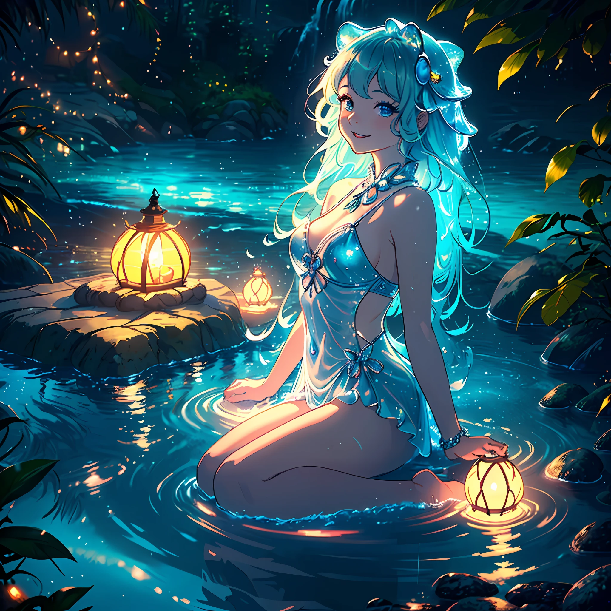 (extremely detailed, best quality, masterpiece) A girl sitting on top of a sea turtle, laughing joyously, wearing an ultra-stylish seapunk outfit. As the gentle rain falls on a dark beach at night, the turtle shell serves as her perch. Within the ultra wide-angle view, there is an arctic background that is visible, with a stunning waterfall acting as a backdrop. Dreamy, warm lighting adds a beautiful glow to the scene.