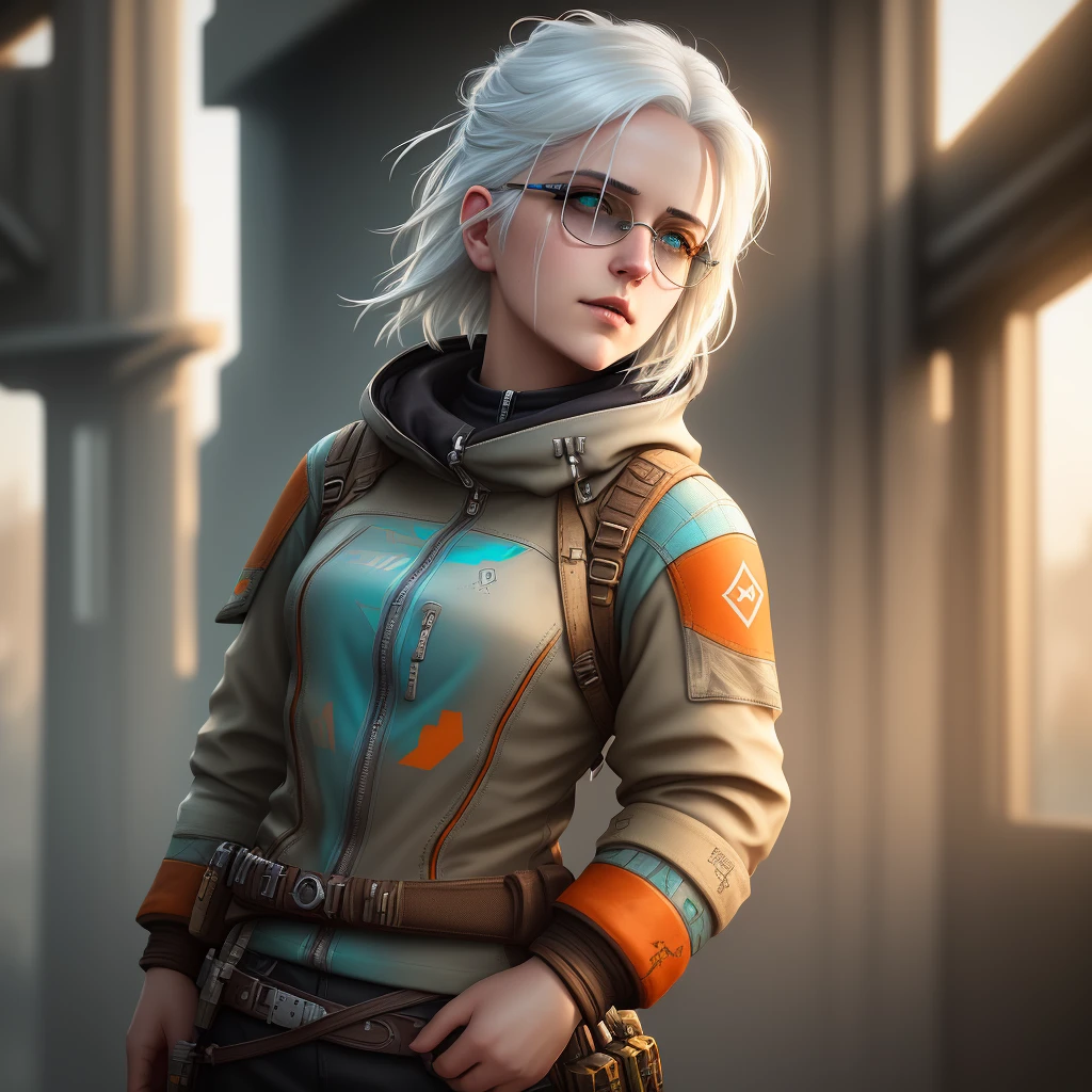 epic realistic, halo portrait, sunglasses, white hair Ciri from The Witcher 3, over 20 years old, yellow gradient, black, brown and purple color scheme, grunge aesthetic!!! graffiti tag wall background, art, soft cinematic light, adobe lightroom, darkroom, HDR, intricate, highly detailed, (depth of field: 1.4), faded, (neutral colors: 1.2), (hdr: 1.4) , (muted colors: 1.2), hyper detail (artstation: 1.4), cinematic, warm light, dramatic light (intricate details: 1.1), complex background (Rootkowski: 0.66), (turquoise and orange: 0.4)