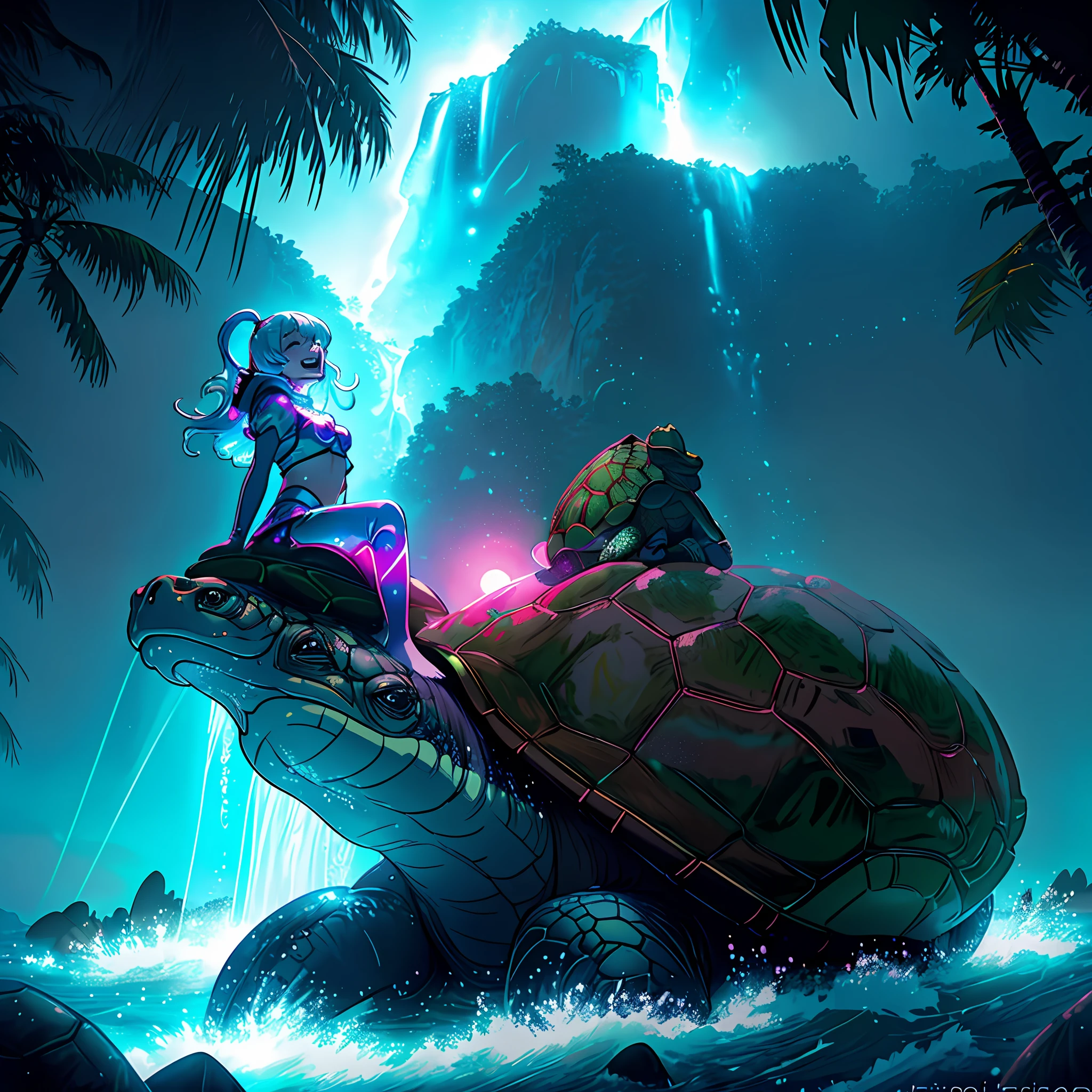 Girl sitting on top of a turtle, laughing, pleasure, beach, turtle shell, rainy, night, ultra wide angle, artic background, waterfall, seapunk outfit, dreamy glow, soft lighting