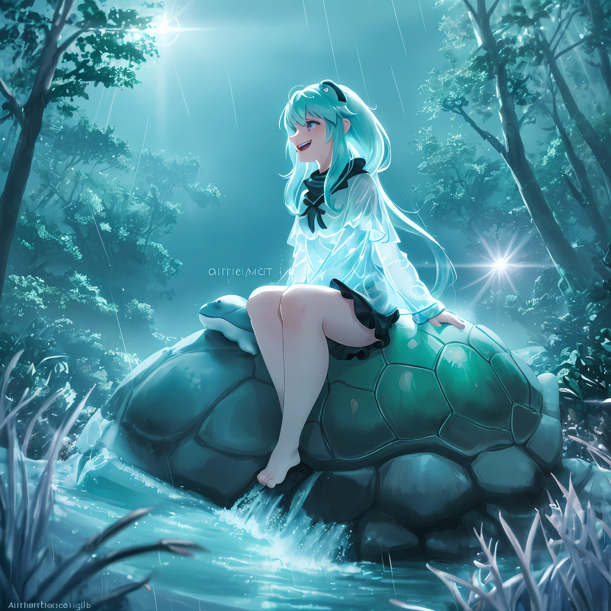 Girl sitting on top of a turtle, laughing, pleasure, beach, turtle shell, rainy, night, ultra wide angle, artic background, waterfall, seapunk outfit, dreamy glow, lens flare, soft lighting