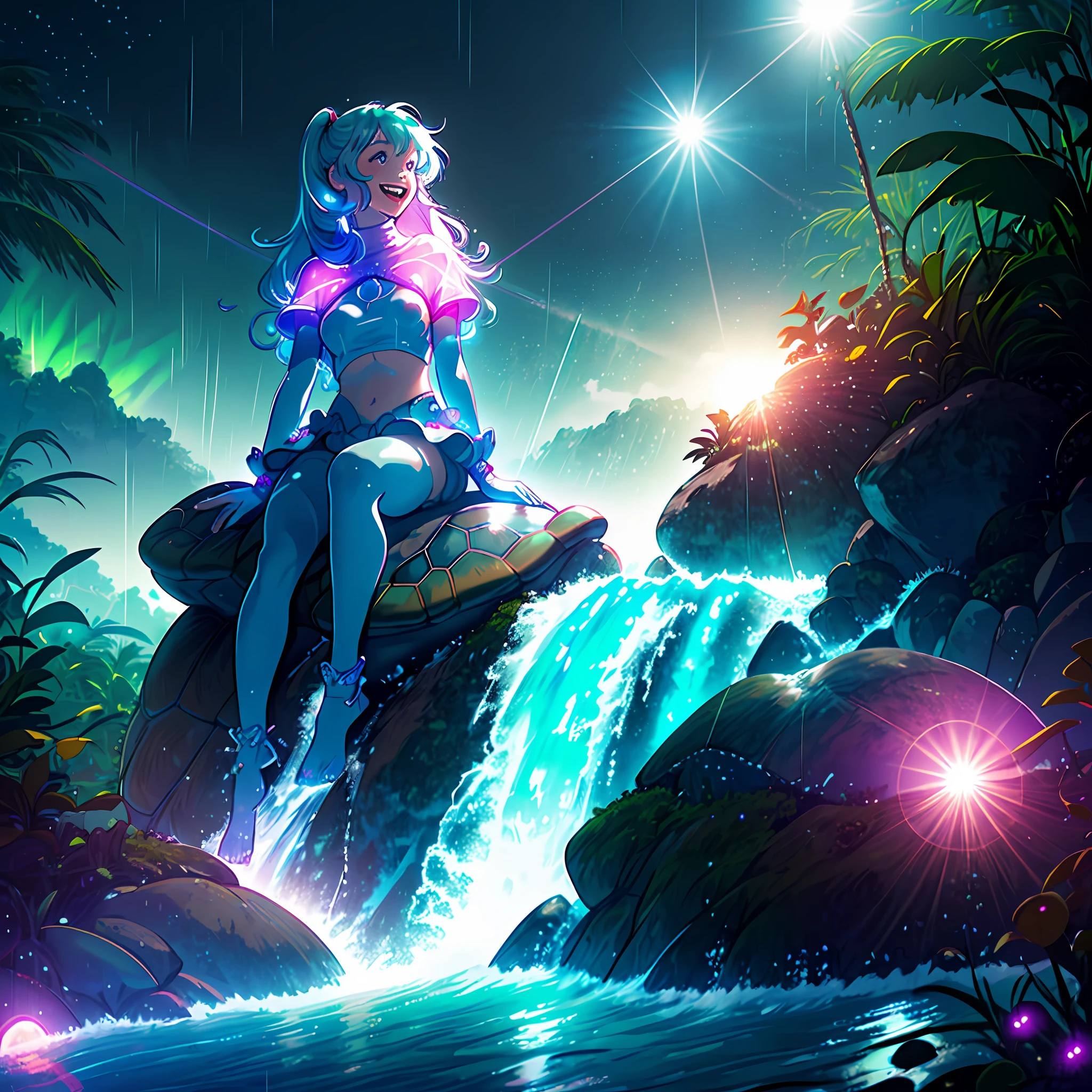 Girl sitting on top of a turtle, laughing, pleasure, beach, turtle shell, rainy, night, ultra wide angle, artic background, waterfall, seapunk outfit, dreamy glow, lens flare, soft lighting