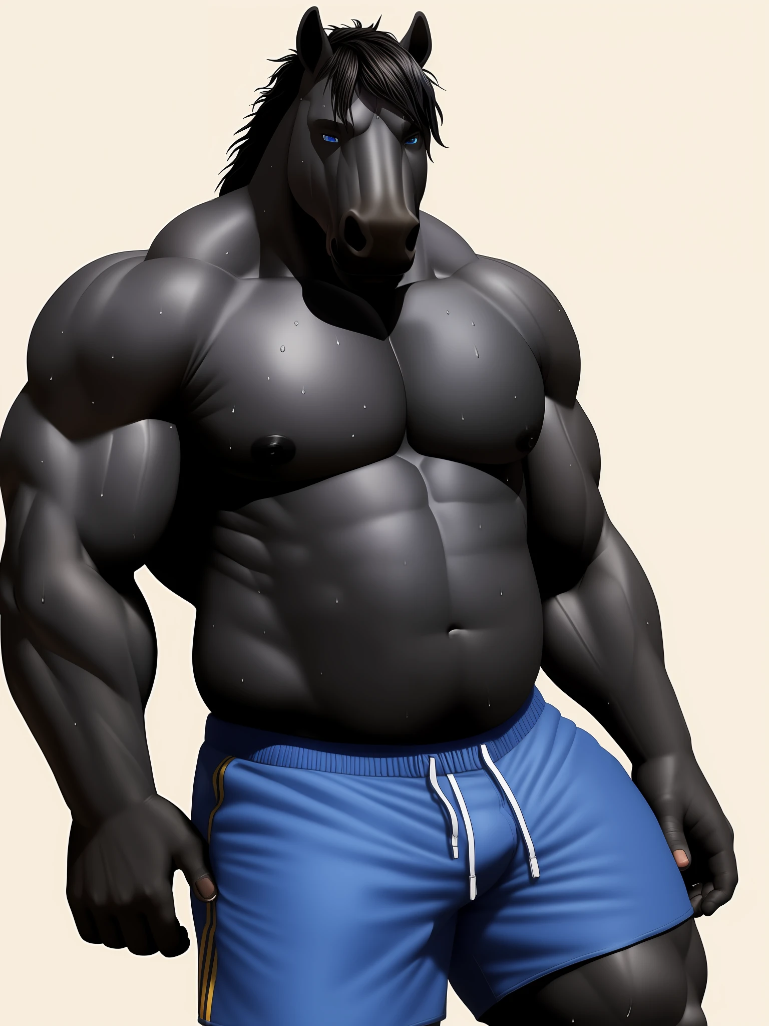 male anthro horse, muscle, very flat belly, heavy build, grey fur, darker snout and forearms, black mane, blue iris, cute soft kind muzzle, shorts, sweaty, sweatdrops, sweat dripping, wet, overloaded with cargo, struggling, exhaustion, correct anatomy, solo