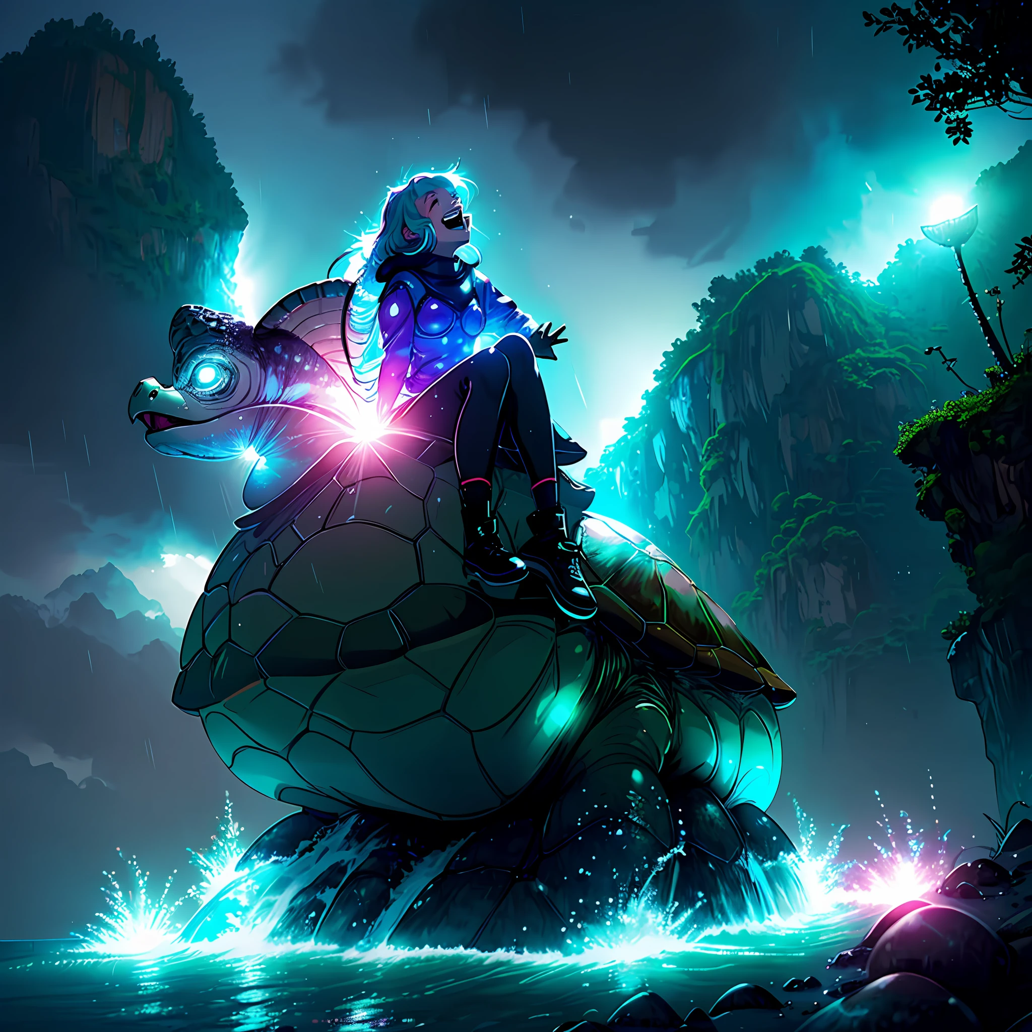 Girl sitting on top of a turtle, laughing, pleasure, beach, turtle shell, rainy, night, ultra wide angle, artic background, waterfall, seapunk outfit, dreamy glow, lens flare, soft lighting