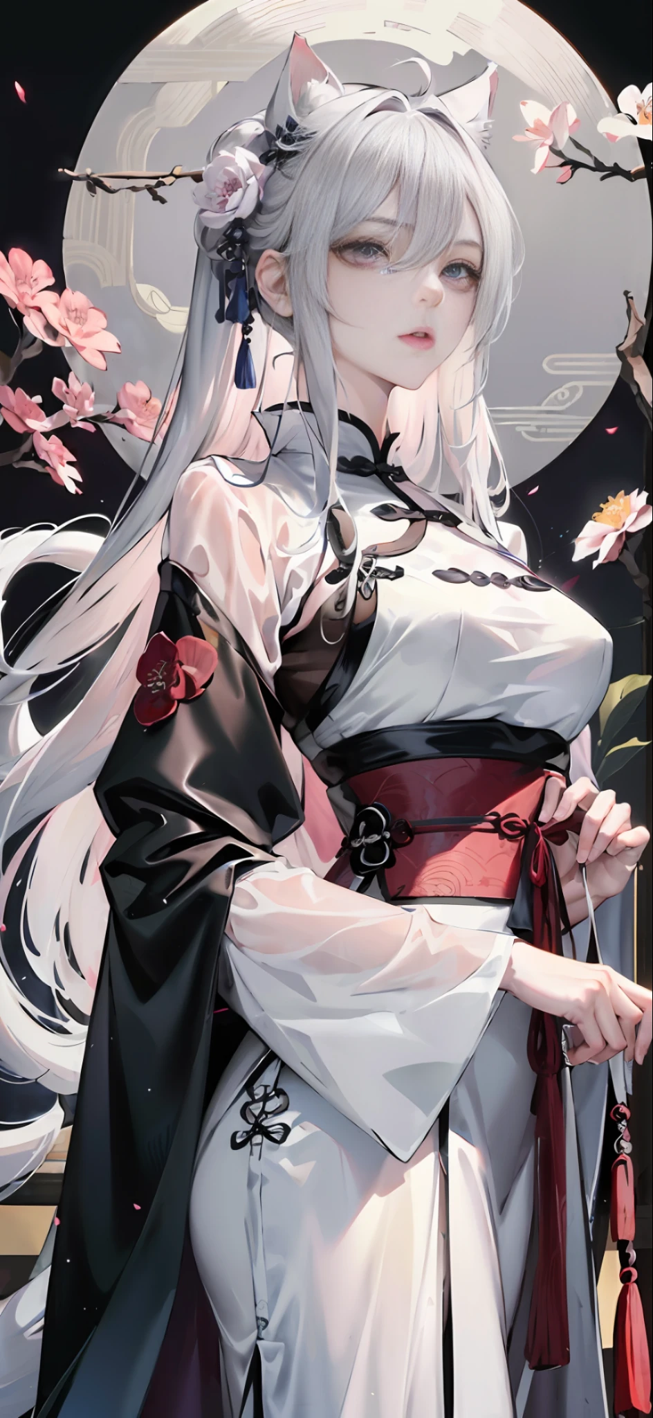 Masterpiece, Best, Night, Full Moon, 1 Female, Mature Woman, Chinese Style, Ancient China, Elder Sister, Royal Sister, Cold Face, Expressionless, Silver White Long Haired Woman, Pale Pink Lips, Calm, Intellectual, Three Belts, Red Lan Yitong, Assassin, Short Knife, Flower Ball Background, Street View Masterpiece, Best, Night, Full Moon, 1 Female, Mature Woman, Chinese Style, Ancient China, Sister, Royal Sister, Cold Face, Expressionless, Silver White Long Hair Woman, pale pink lips, calm, intellectual, three belts, gray pupils, assassin, dagger, flower ball background, street view, white-haired catwoman, Hanfu, cat ears, nine cat tails, fairy air