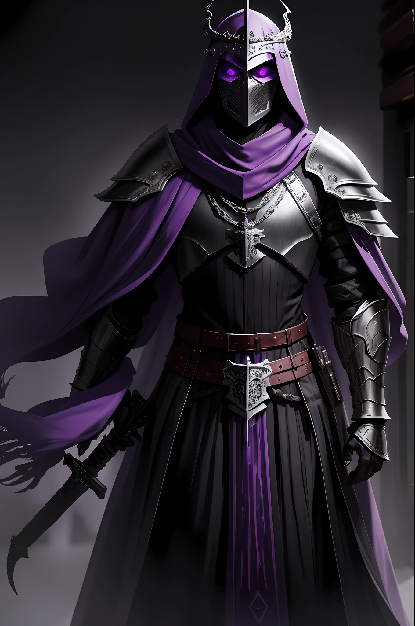 A bodyless armor, purple shawl, purple hood, no face, male, armor carving, iron armor, black face, scarlet eyes, barrel helmet, peephole, iron crown, holding a Ornate black and purple one-handed sword, gothic style, in a dark forest