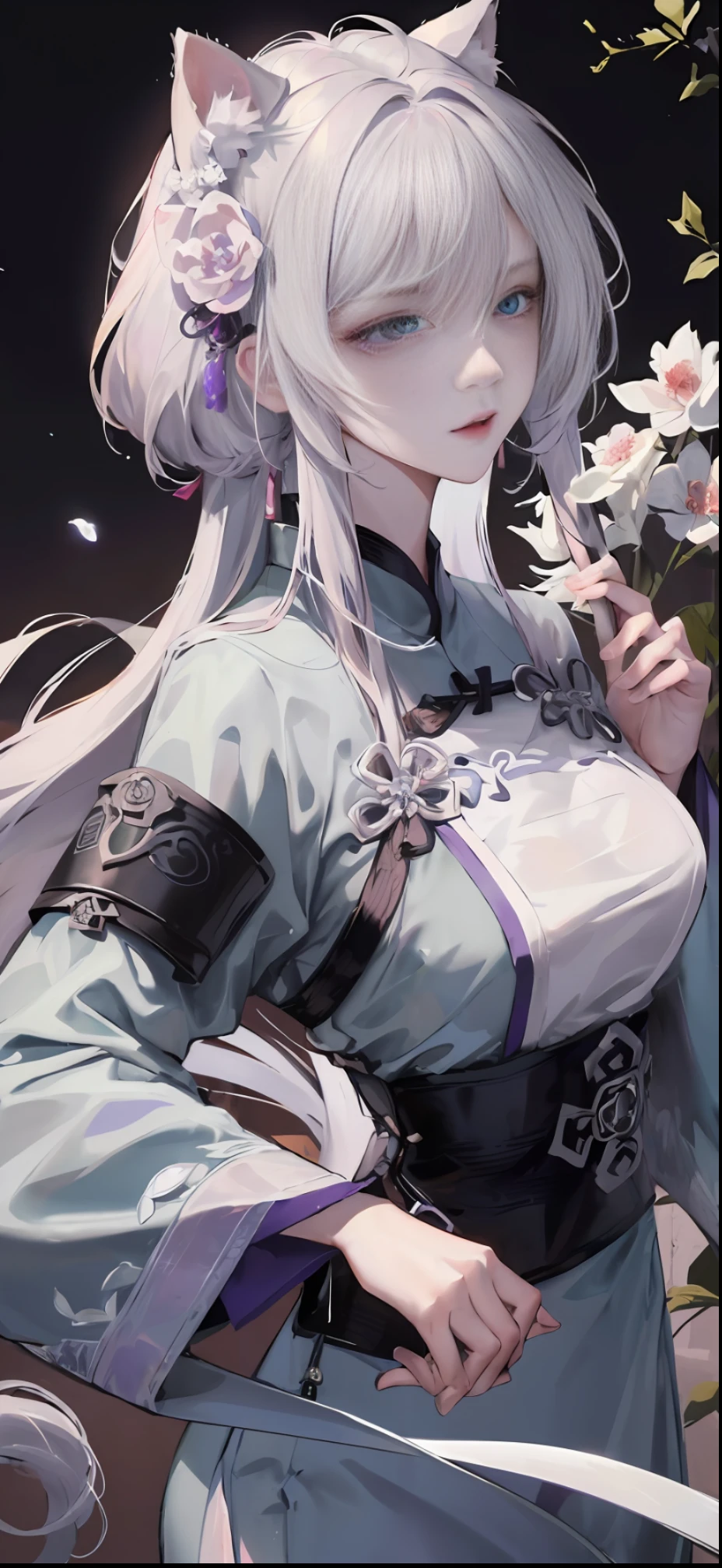 Masterpiece, Best, Night, Full Moon, 1 Female, Mature Woman, Chinese Style, Ancient China, Elder Sister, Royal Sister, Cold Face, Expressionless, Silver White Long Haired Woman, Pale Pink Lips, Calm, Intellectual, Three Belts, Gray Hitomi, Assassin, Dagger, Flower Ball Background, Strolling Street Masterpiece, Best, Night, Full Moon, 1 Female, Mature Woman, Chinese Style, Ancient China, Elder Sister, Royal Sister, Cold Face, Expressionless, Silver White Long Haired Woman, Pale pink lips, calm, intellectual, three belts, gray pupils, assassin, dagger, flower ball background, street view, white-haired catwoman, Hanfu, cat ears, cat tail, clear purple eyes