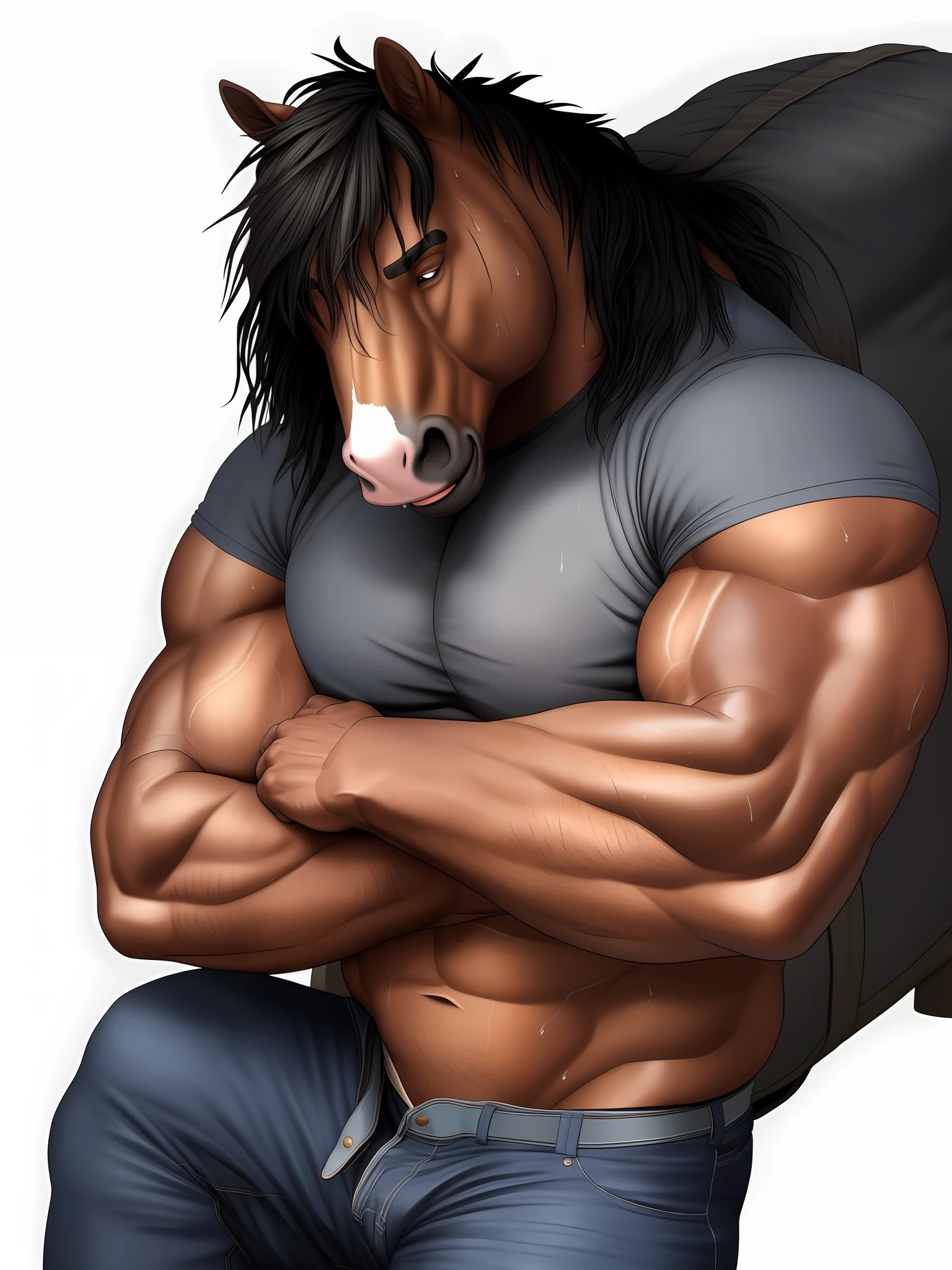 male anthro horse, muscle, heavy build, grey fur, darker snout and forearms, black mane, cute soft handsome muzzle, kind, jeans shorts, sweat wet, overloaded with cargo, struggling, exhaustion, correct anatomy, solo