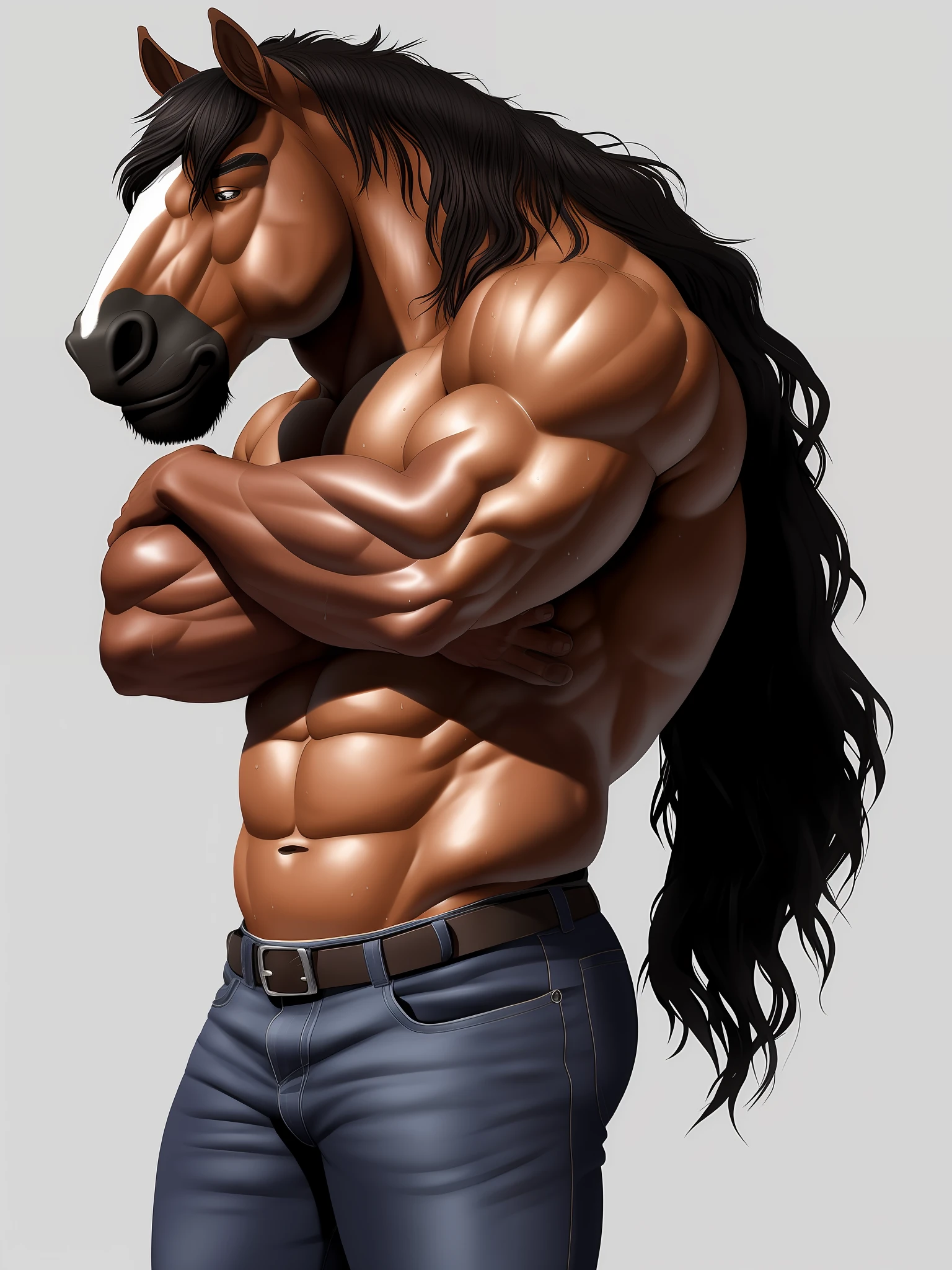 male anthro horse, muscle, heavy build, grey fur, darker snout and forearms, black mane, soft handsome muzzle, kind, jeans shorts, sweat wet, overloaded with cargo, struggling, exhaustion, correct anatomy, solo